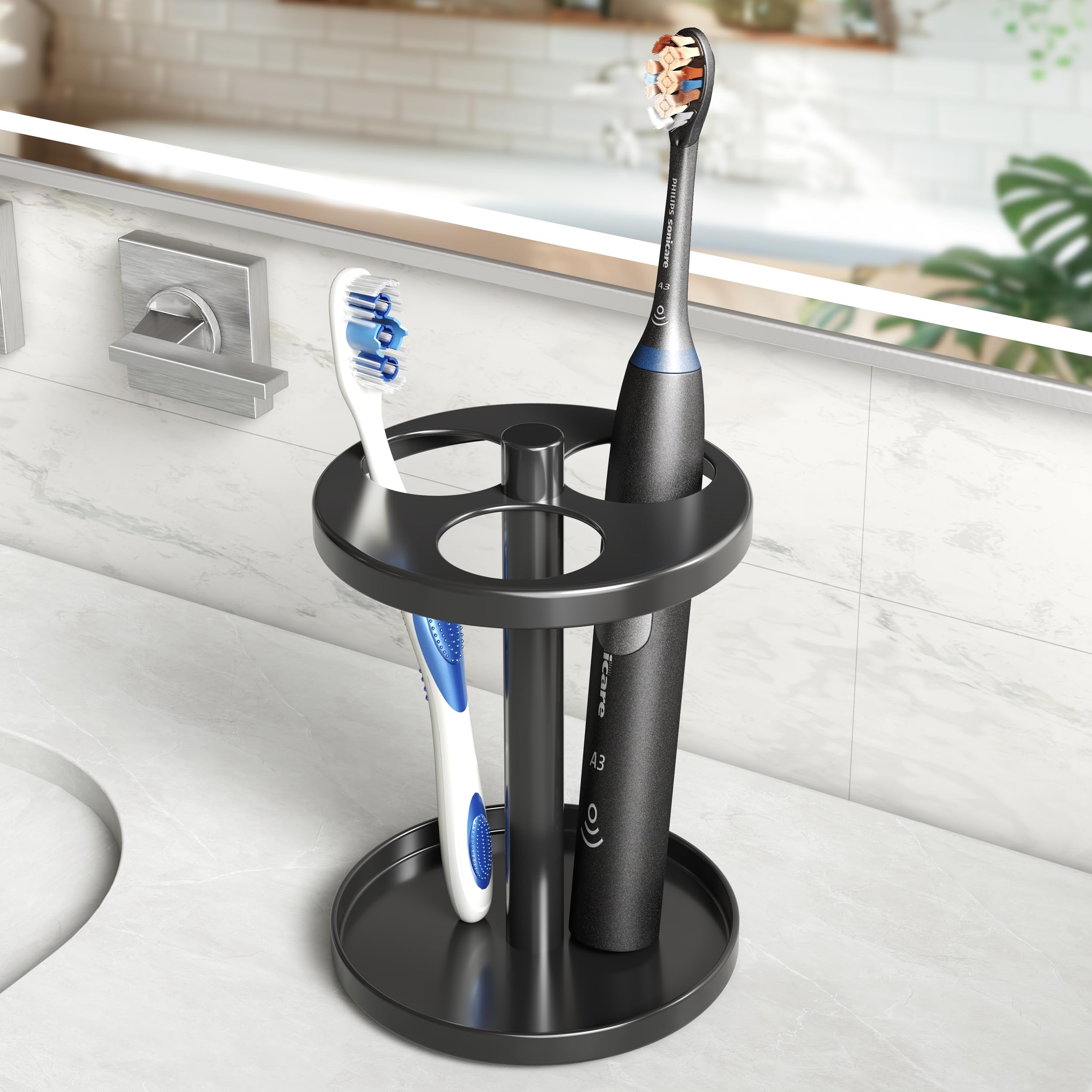 Stainless Steel Electric Toothbrush Holder - Ventilated Bathroom Organizer with Separate Slots for Toothbrushes & Razors, Wall Mount or Countertop Storage, Black | Perfect for Modern Bathrooms & Travel Essentials Organization