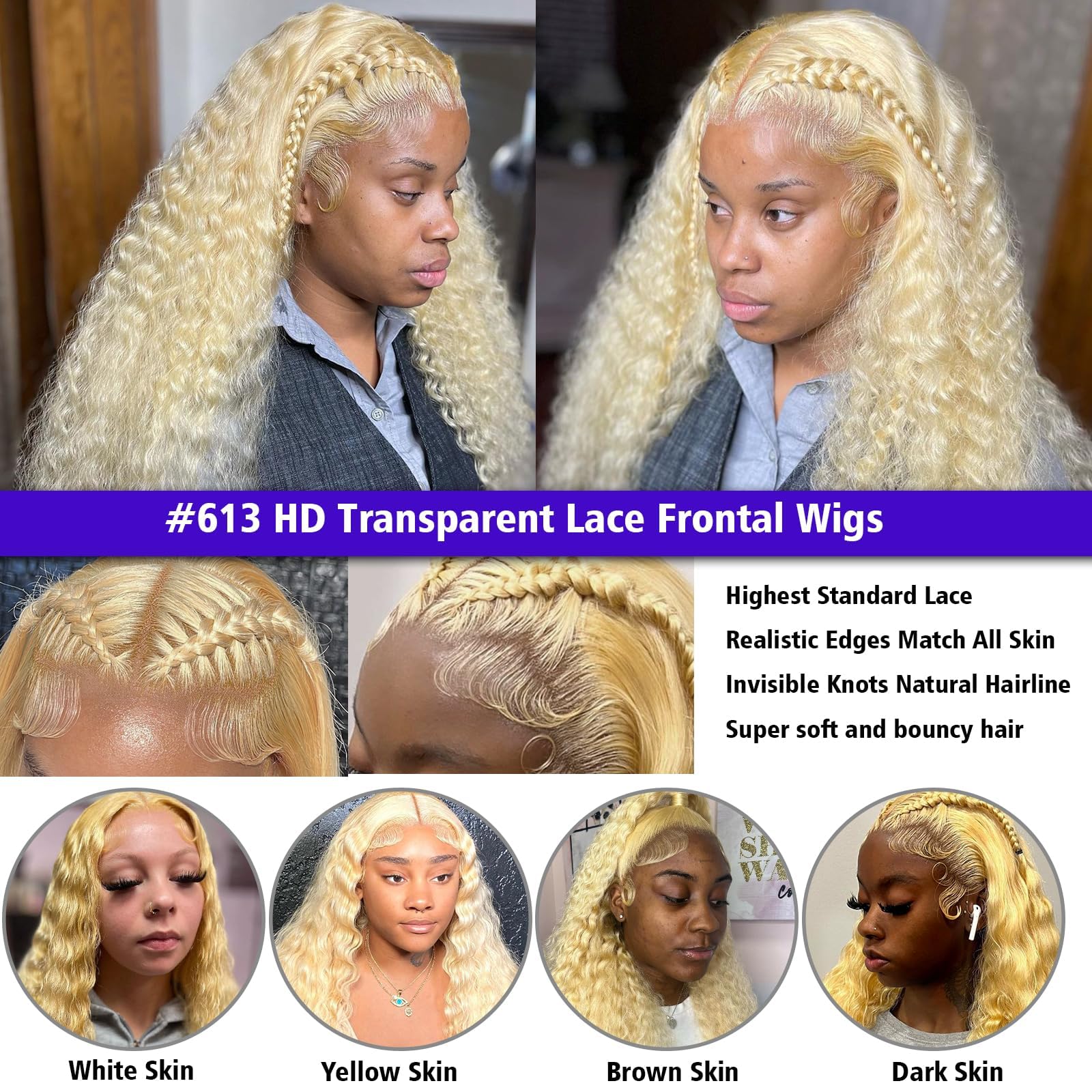 613 Deep Wave Lace Front Wig Human Hair - HD Transparent 13x6 Lace Frontal Wig 200% Density - Pre Plucked with Baby Hair - Blonde 26 Inch Human Hair Wigs for Women - Perfect for Daily Wear, Parties & Special Occasions