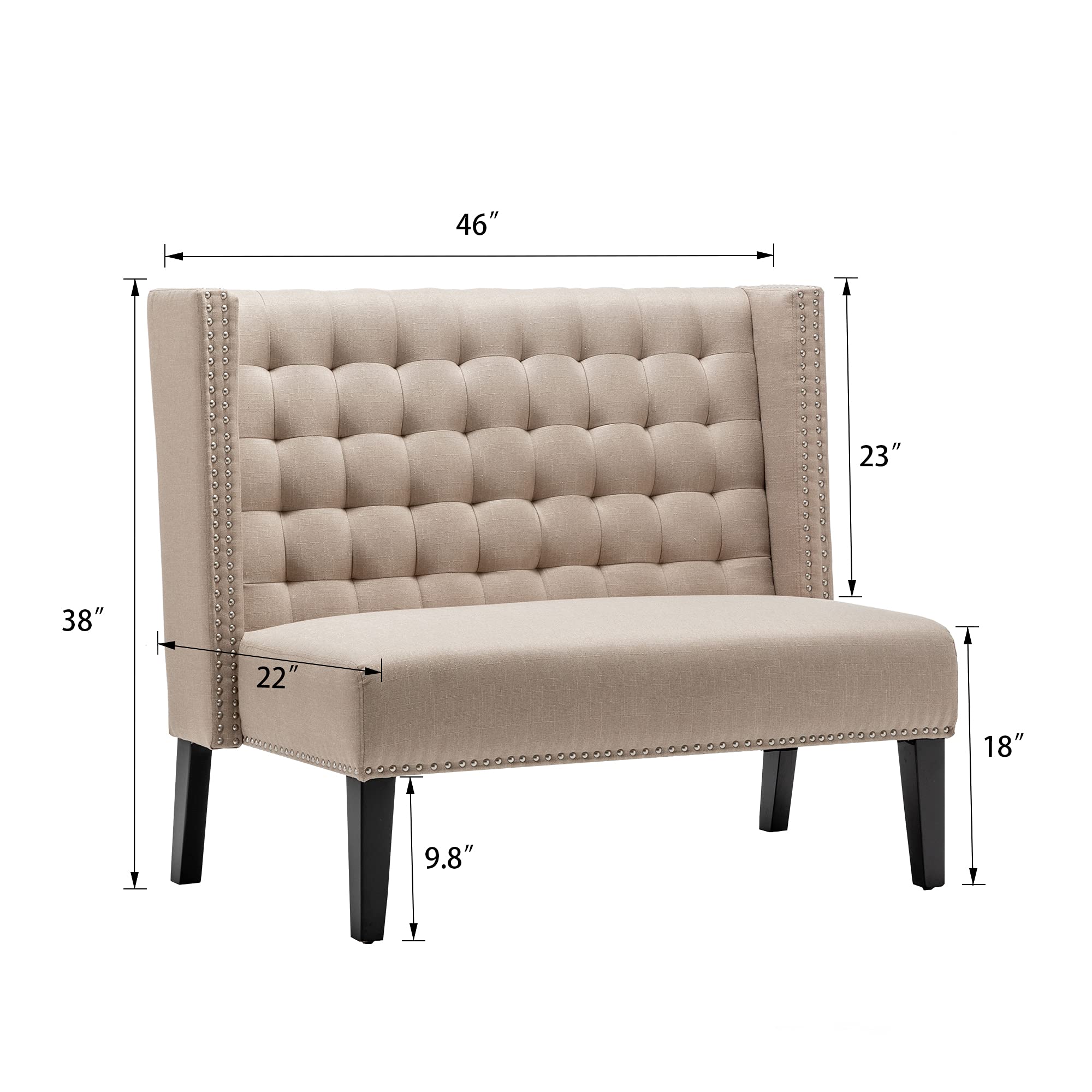 Modern Upholstered Bench with Tufted Back - Wooden Leg Loveseat Settee for Dining Room, Living Room & Entryway - Perfect for Small Spaces, Hallway Seating & Bedroom Decor (Khaki)