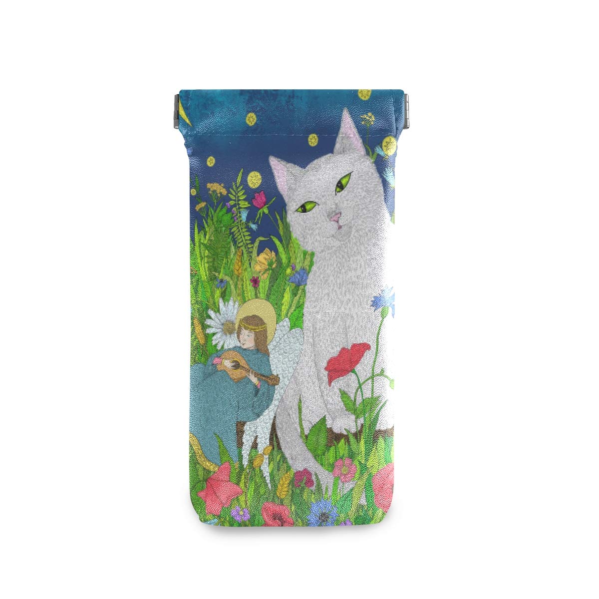 Hupery White Cat & Angel Sunglasses Case - PU Leather Glasses Holder with Squeeze Top - Eyeglass Storage Pouch for Women & Men - Perfect for Travel, Beach, and Everyday Use
