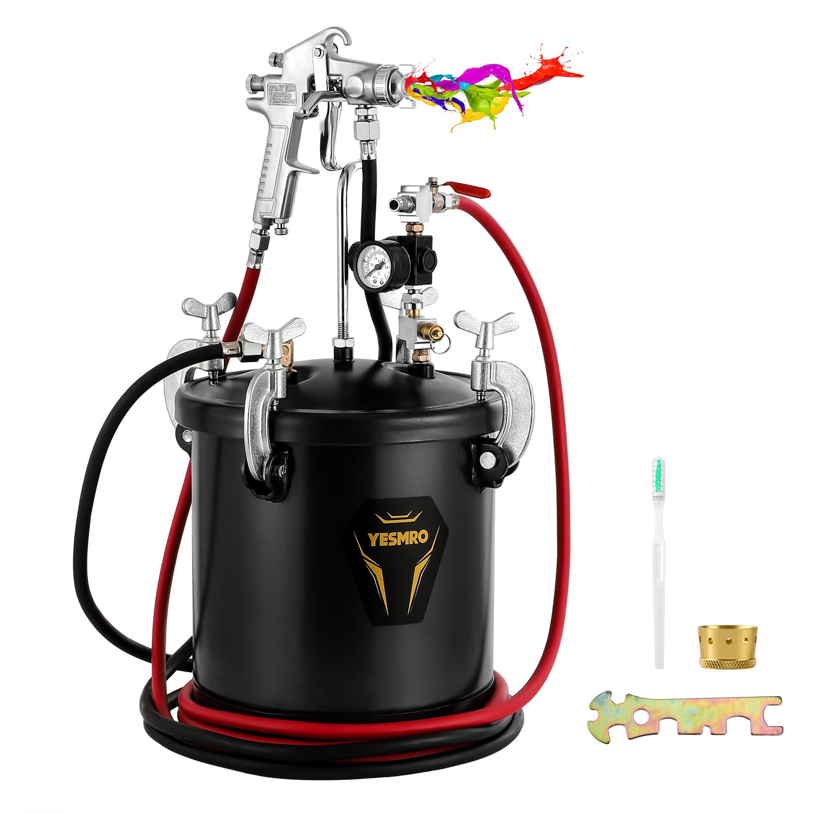 YESMRO 2.5 Gallon (10L) High Pressure Paint Spray Pot with Spray Gun - 70PSI Max Air Paint Sprayer Kit with 10-Feet Dual Hose for Industrial Painting, Automotive, Furniture & Home DIY Projects