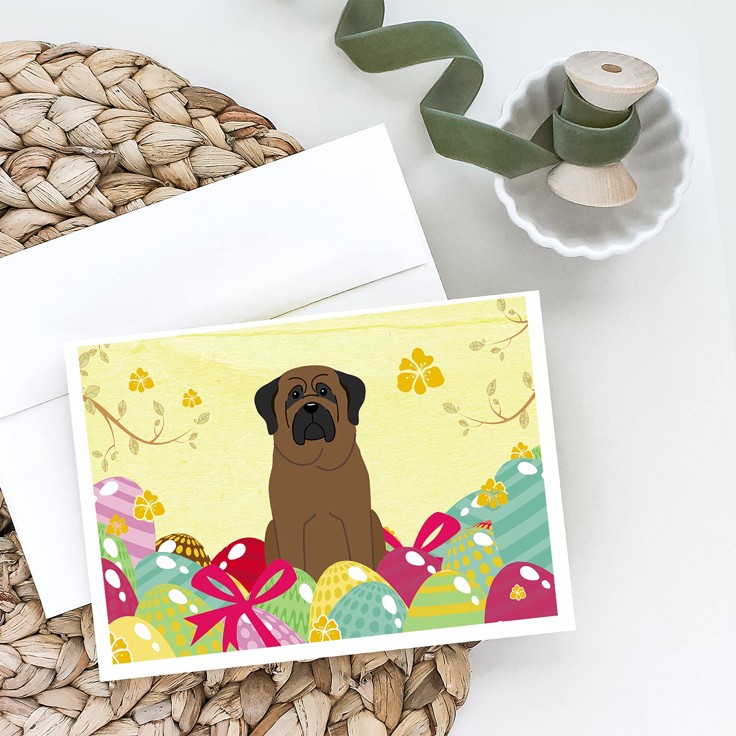 Easter Eggs Bullmastiff Greeting Cards - Pack of 8 Blank A7 Note Cards (5x7 Inches) with Envelopes - Whimsical Dog-Themed Stationery for Holidays, Birthdays & Special Occasions