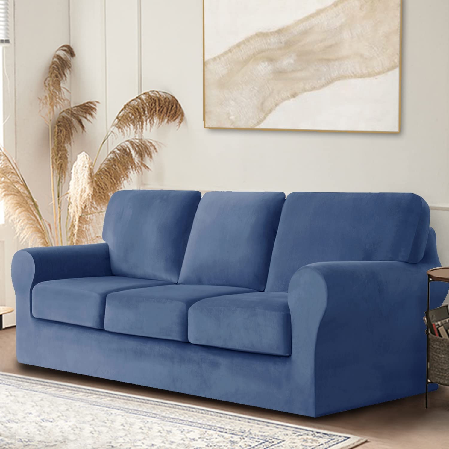 Stretch Velvet Sofa Cover Set - 7 Piece Split Sectional Couch Slipcover with Separate Backrest & Seat Cushion Covers - Turquoise Furniture Protector for Chair, Loveseat & Sofa | Perfect for Living Room, Bedroom & Home Decor