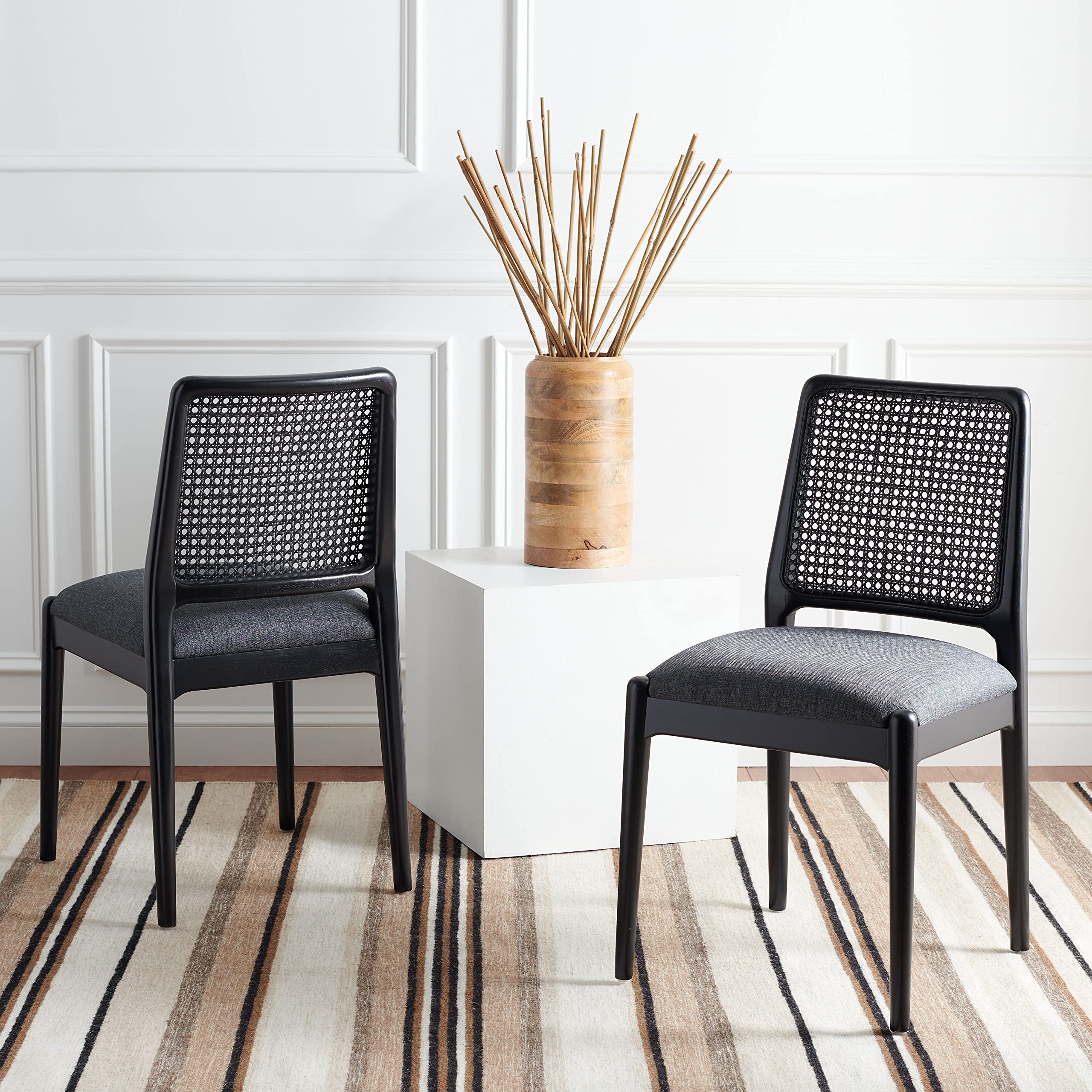 SAFAVIEH Reinhardt Rattan Cushion Dining Chairs (Set of 2) - Fully Assembled Black/Grey Modern Kitchen & Patio Furniture - DCH8800C-SET2 for Indoor Outdoor Dining Room, Breakfast Nook, and Garden Decor