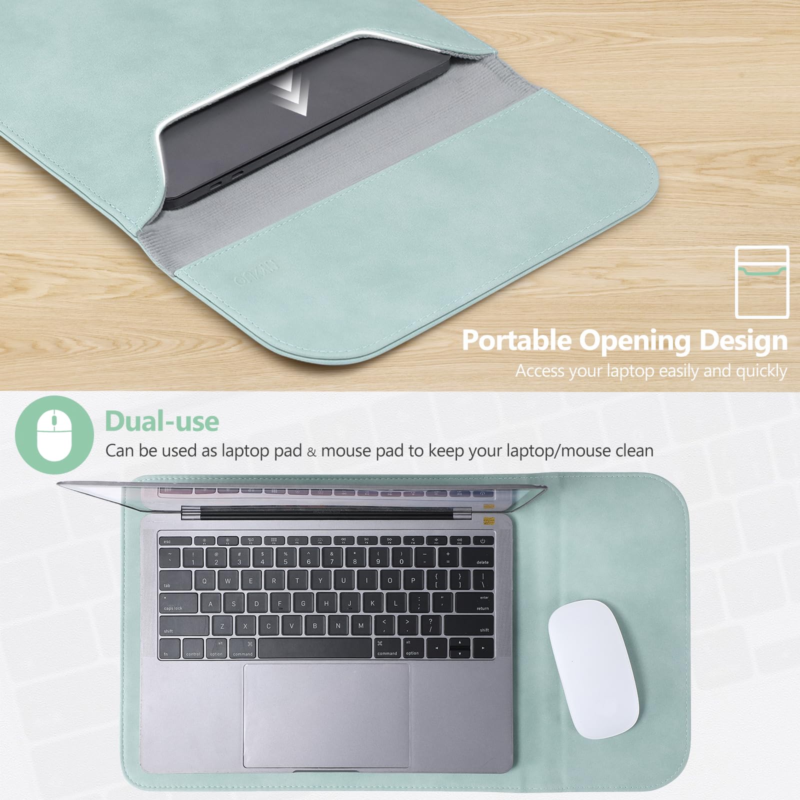 HYZUO 15-16 Inch Laptop Sleeve for MacBook Pro 16 M4/M3/M2/M1 Pro/Max (2025-2019 Models), MacBook Pro 15 (2015-2012), Dell XPS 15 - Premium Faux Suede Leather Protective Case with Accessory Bag (Mint Green) - Perfect for Work, Travel & School