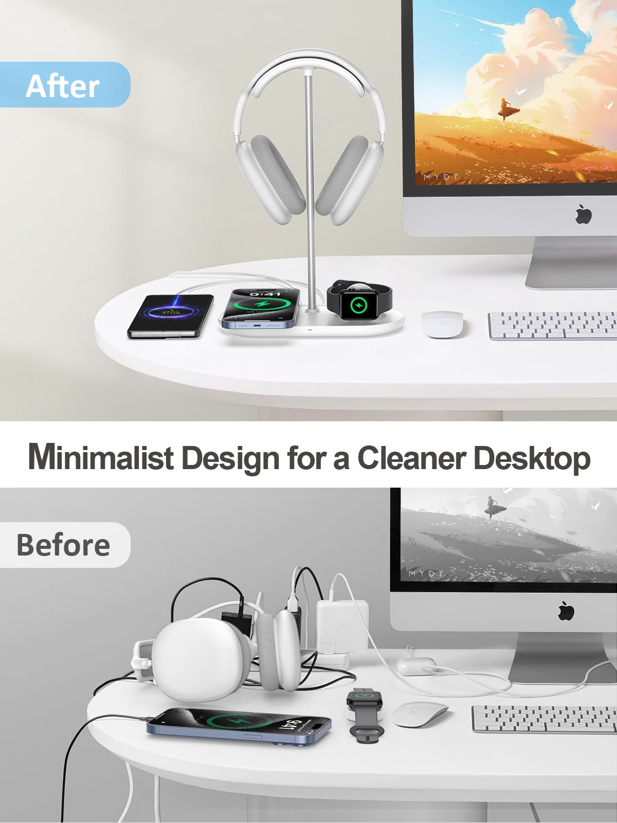Premium 4-in-1 Wireless Charging Headphone Stand for Desk - Fast Qi Charger for iPhone 14/13/12, AirPods, Apple Watch, Samsung Galaxy - Universal Holder for AirPods Max, Bose, Beats, Sony Headphones - Perfect for Home Office, Gaming Setup & Workspace Organization (Powder White)