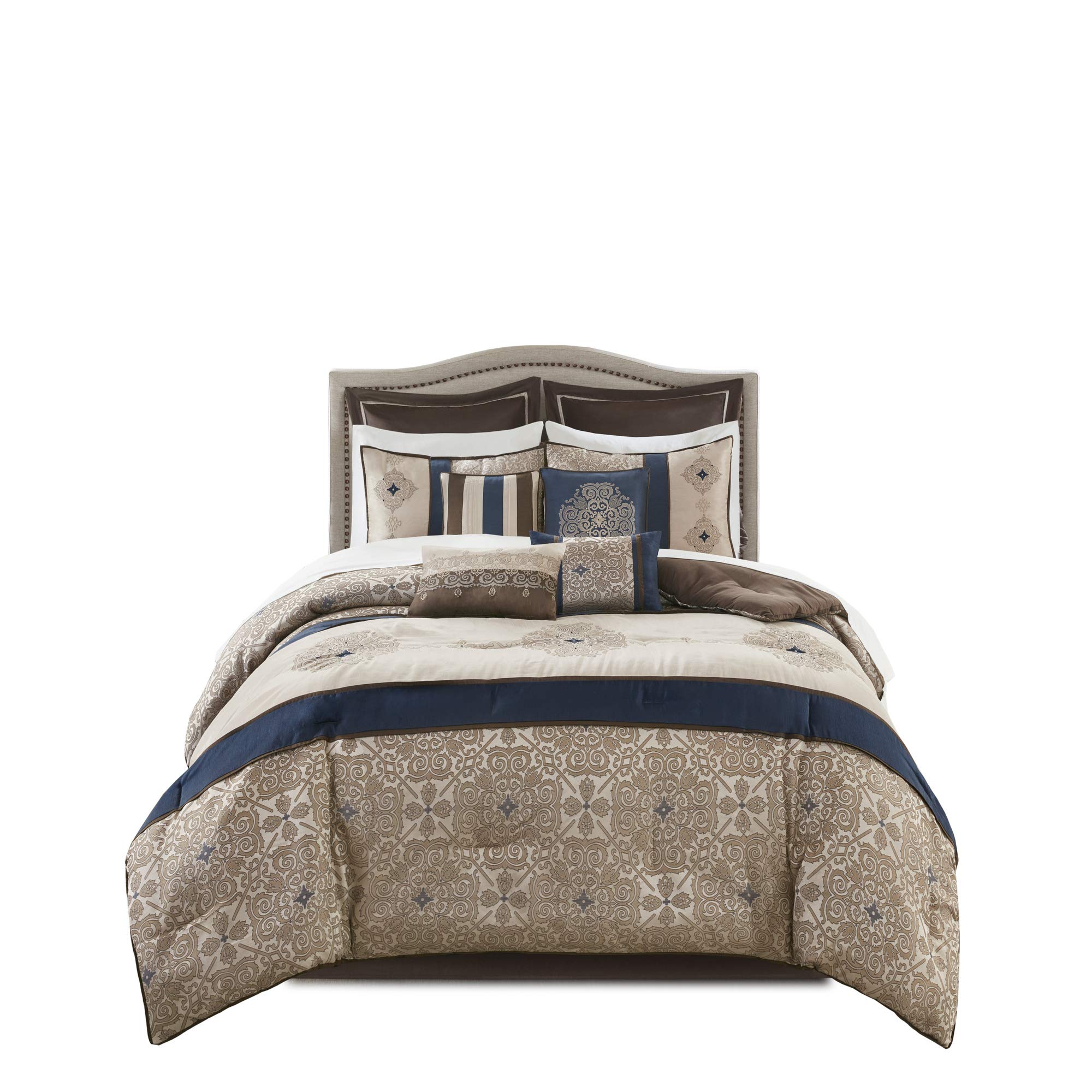 Madison Park Essentials Delaney 24-Piece Luxury Bedding Set - Satin Jacquard Comforter, Sheets, Decorative Pillows & Curtains - All Season King Size (104