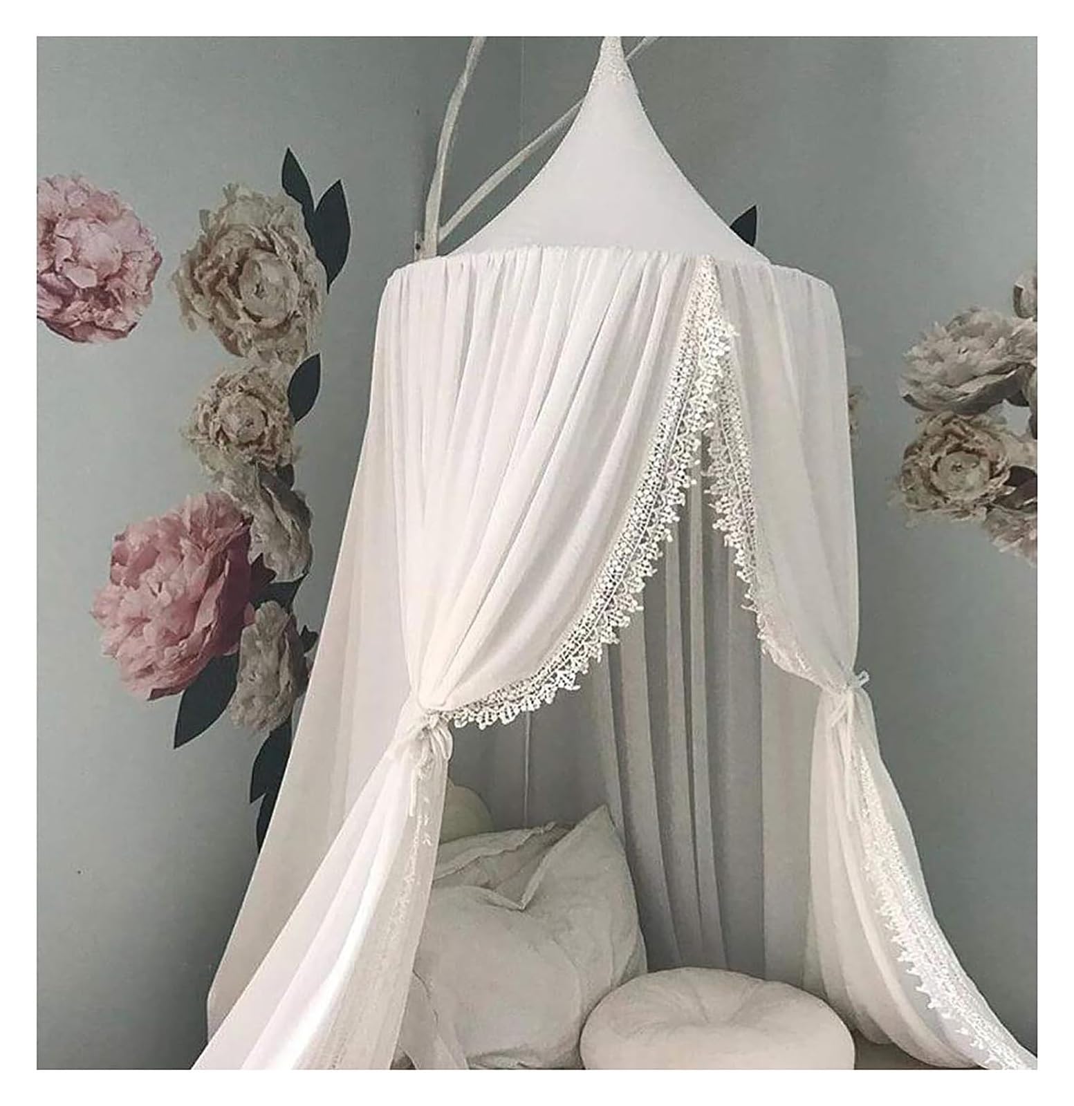 Round Dome Canopy Bed Curtains - White Lace Mosquito Net for Crib, Kids Play Tent & Bedroom Decoration - Perfect for Nursery, Princess-Themed Rooms & Outdoor Camping Fun