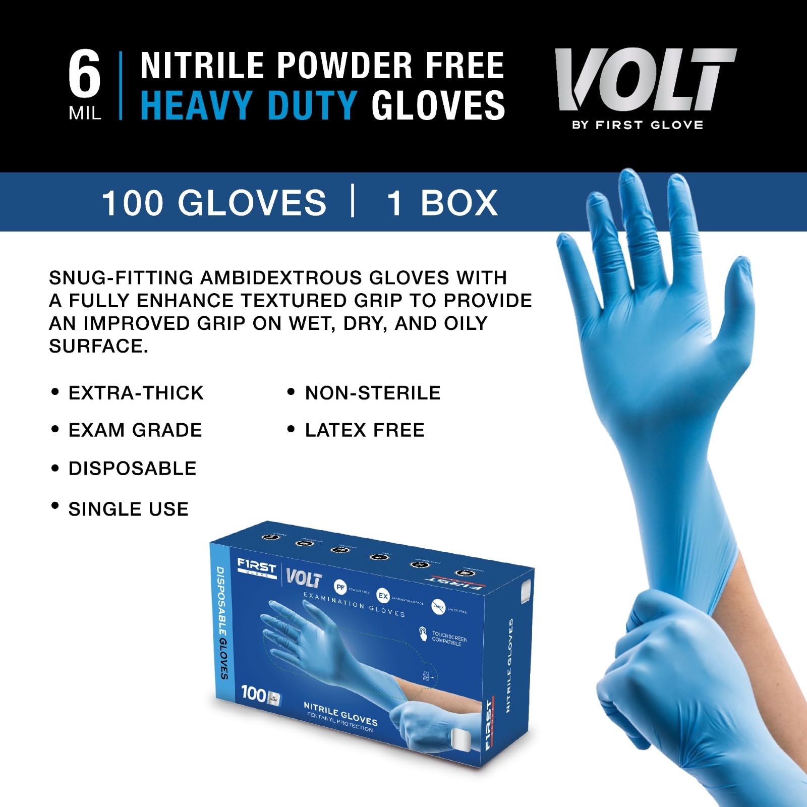Volt Large 1000 Count 6 Mil Blue Nitrile Disposable Gloves - Food Safe, Latex Free, Textured Grip for Cleaning, Medical Use & Food Handling | Bulk Pack for Home, Kitchen, Healthcare & Industrial Use