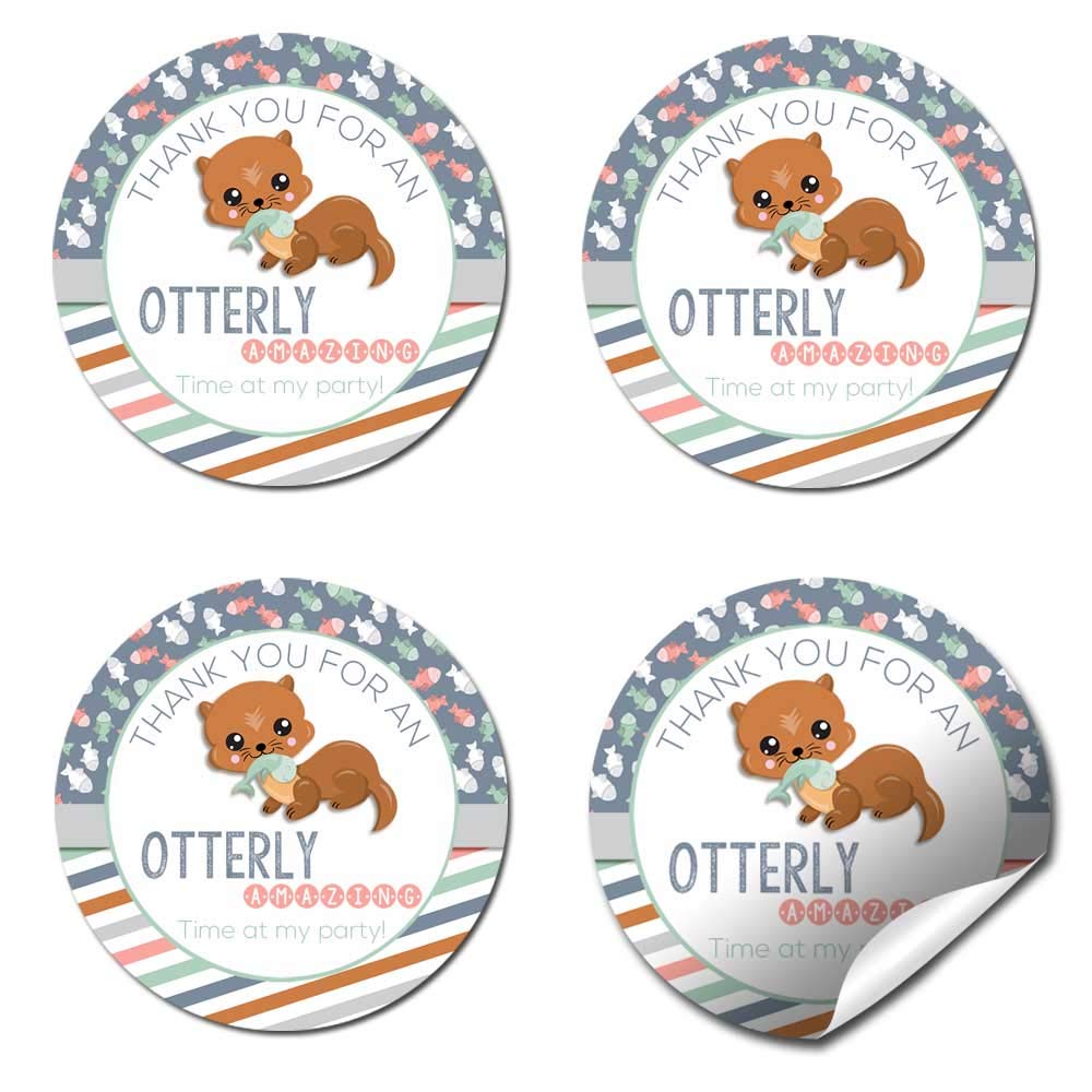 Cute Otter Themed Thank You Stickers for Kids - 40 Pack 2 Inch Round Party Labels by AmandaCreation - Perfect for Birthday Favors, Envelope Seals, Goodie Bags & Scrapbooking