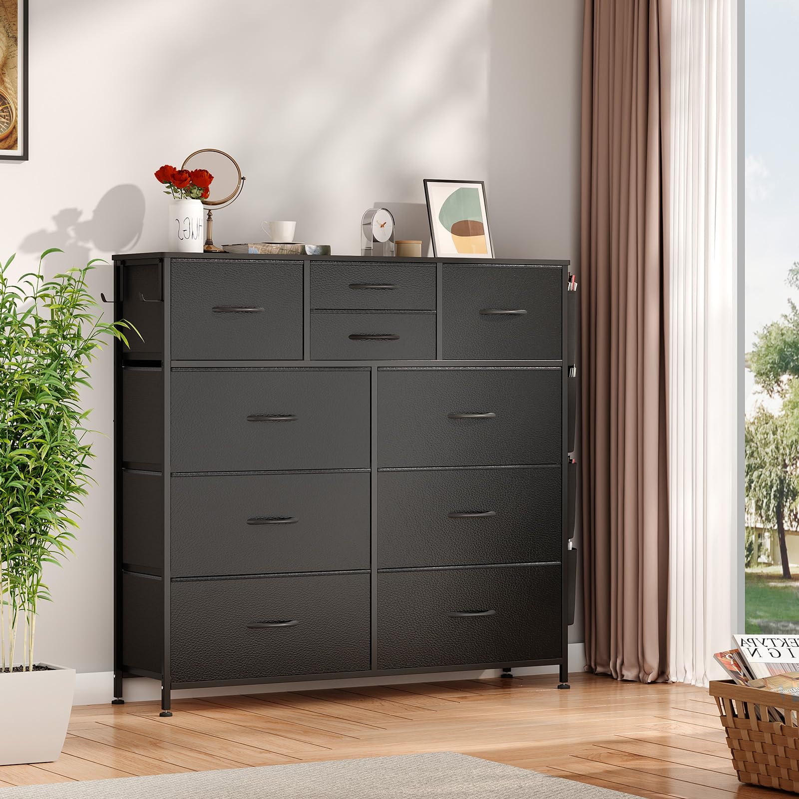 Black 10-Drawer Dresser for Bedroom & Closet Storage with Hooks - Perfect for Hallway, Kids Room