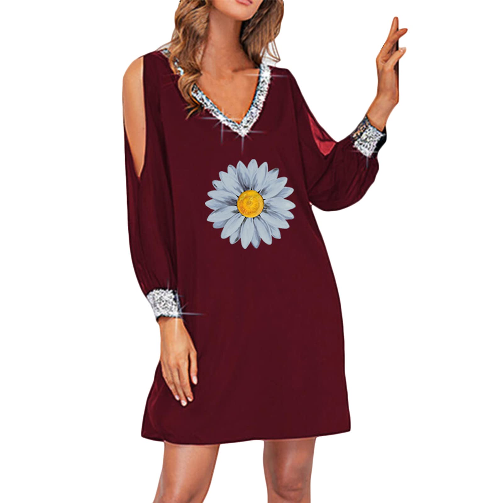 Elegant Women's Maxi Dress with V-Neck, Paillette & Floral Print - Long Sleeve Off-Shoulder Party Dress for Evening, Wedding & Special Occasions