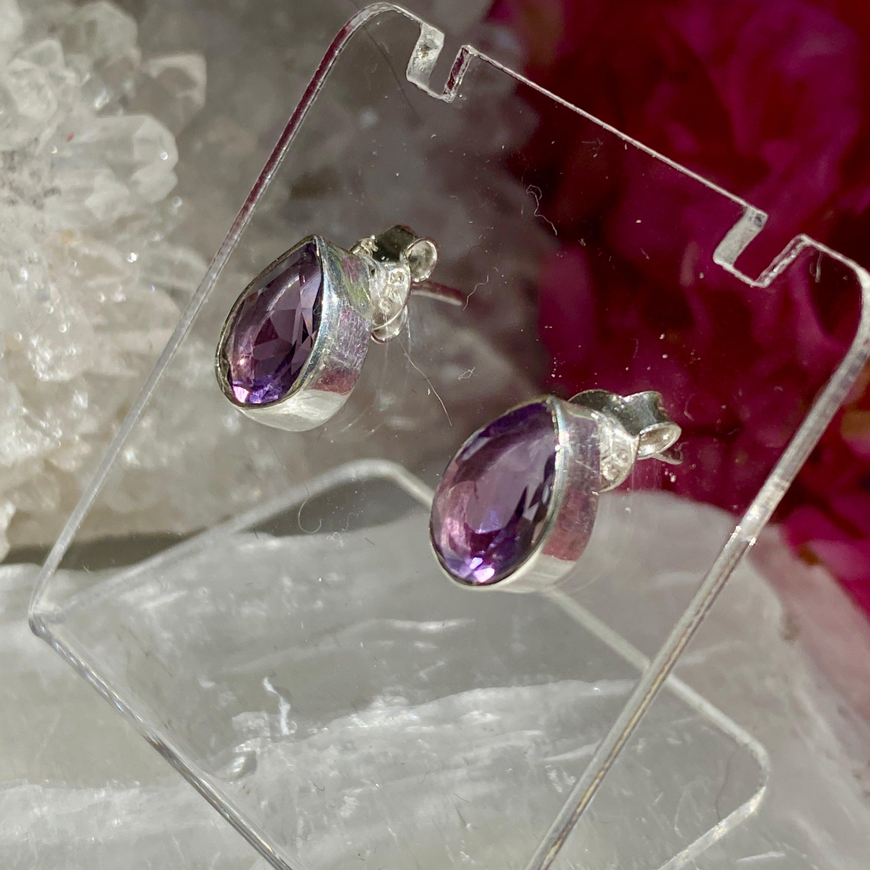 Amethyst Faceted Teardrop Stud Earrings for Women - 925 Sterling Silver Dainty Jewelry Gift - Perfect for Weddings, Parties & Everyday Wear KEGJ1054