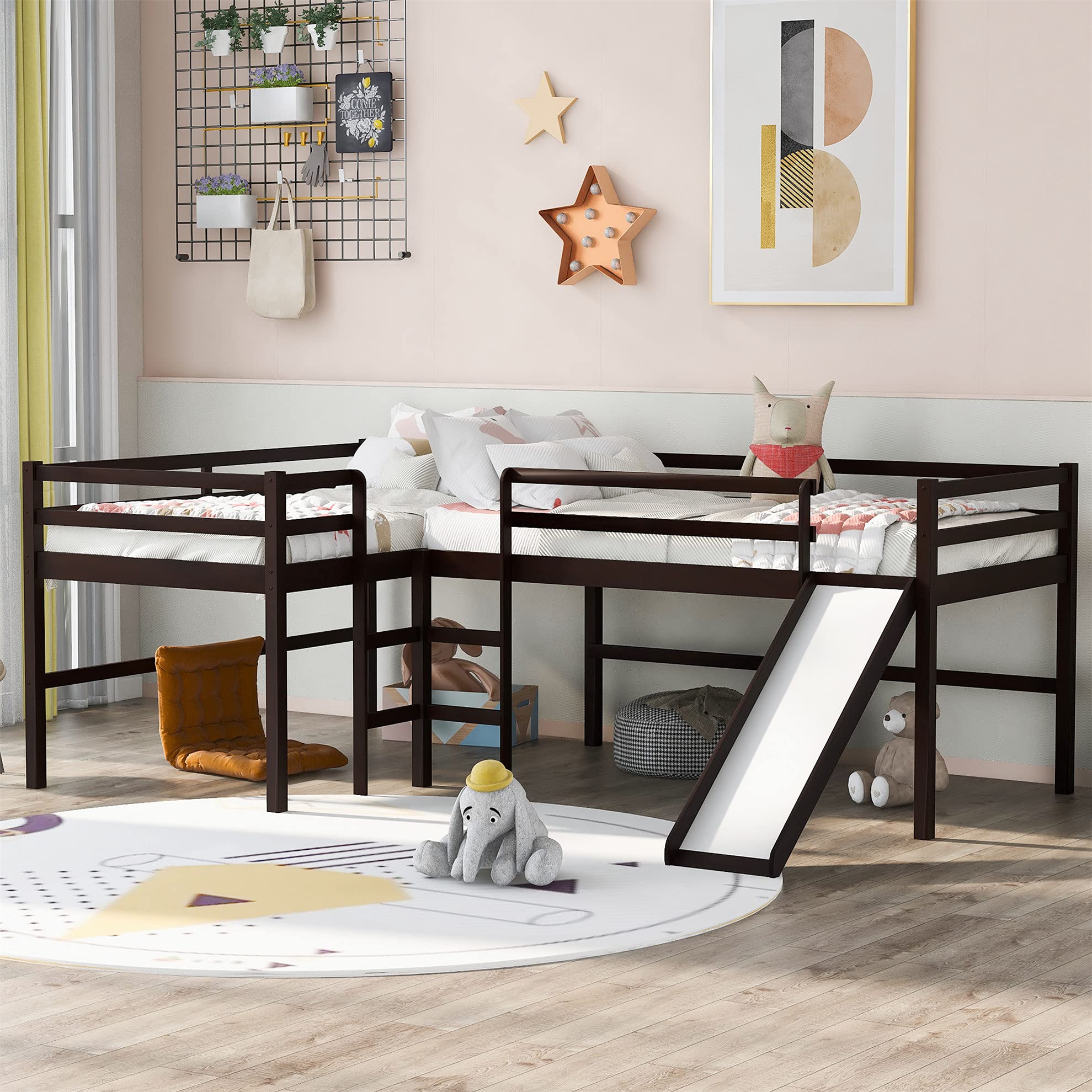 L-Shaped Loft Bed with Slide - Twin Size Wooden Bunk Bed for 2 Kids - Sturdy Loft Bed Frame with Built-in Ladders for Boys & Girls (Espresso Finish) - Perfect for Small Bedrooms, Kids' Rooms & Space-Saving Sleep Solutions