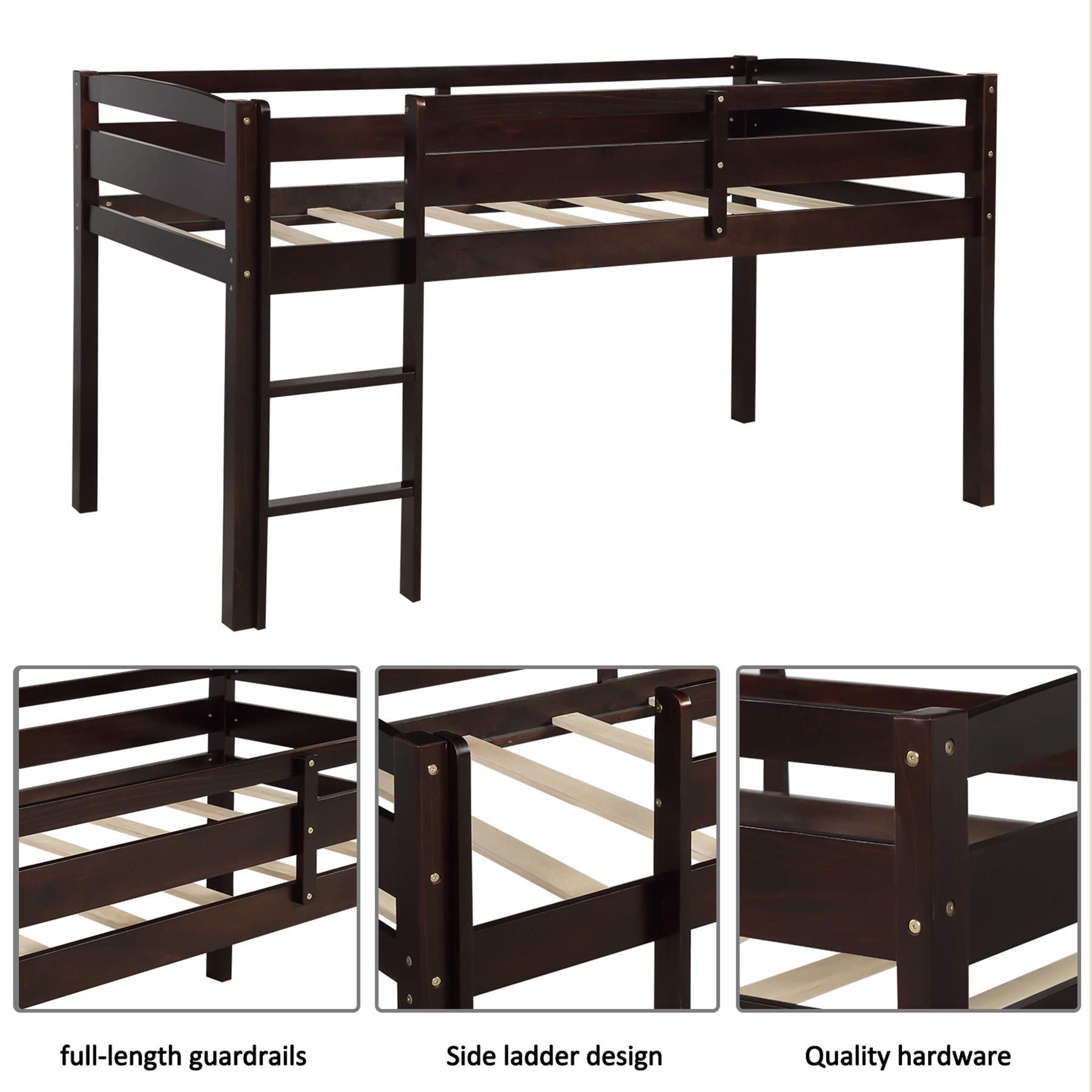 P PURLOVE Twin Loft Bed - Sturdy Wood Low Loft Bed Frame for Kids & Teens - No Box Spring Required - Espresso Finish - Perfect for Small Bedrooms, Dorm Rooms & Space-Saving Kids' Rooms