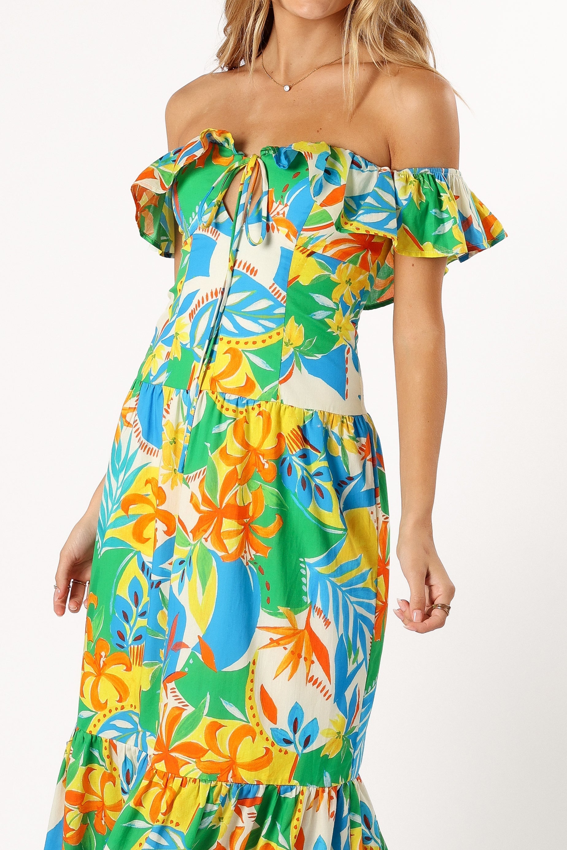 Harriet Off Shoulder Maxi Dress - Malta Print Floral Summer Beach Dress for Women | Perfect for Vacations, Weddings & Outdoor Parties