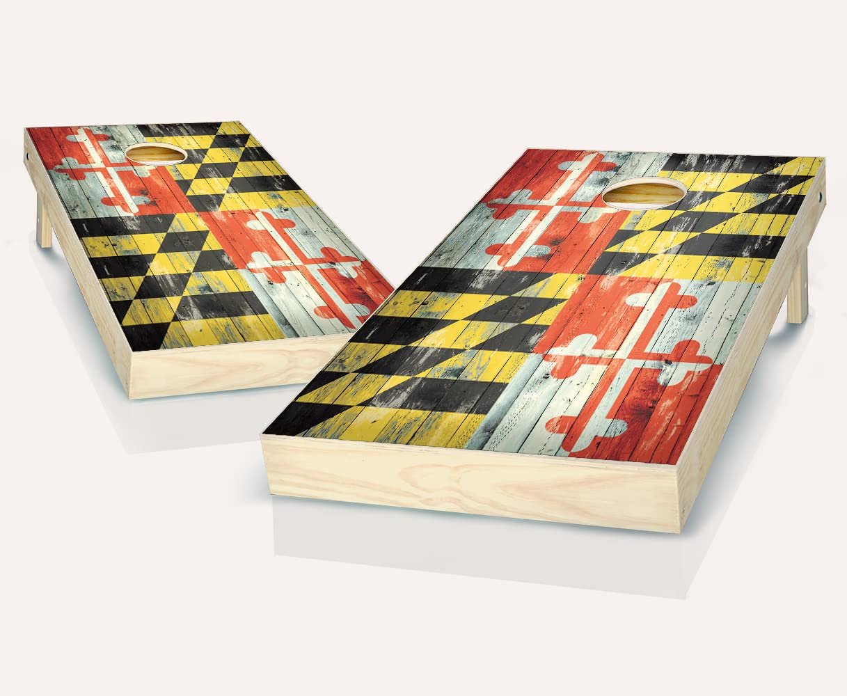 Maryland Distressed State Flag Cornhole Game Set - 2 Wooden Boards & 8 Bean Bags for Outdoor Tailgating, Backyard Parties, and BBQ Events