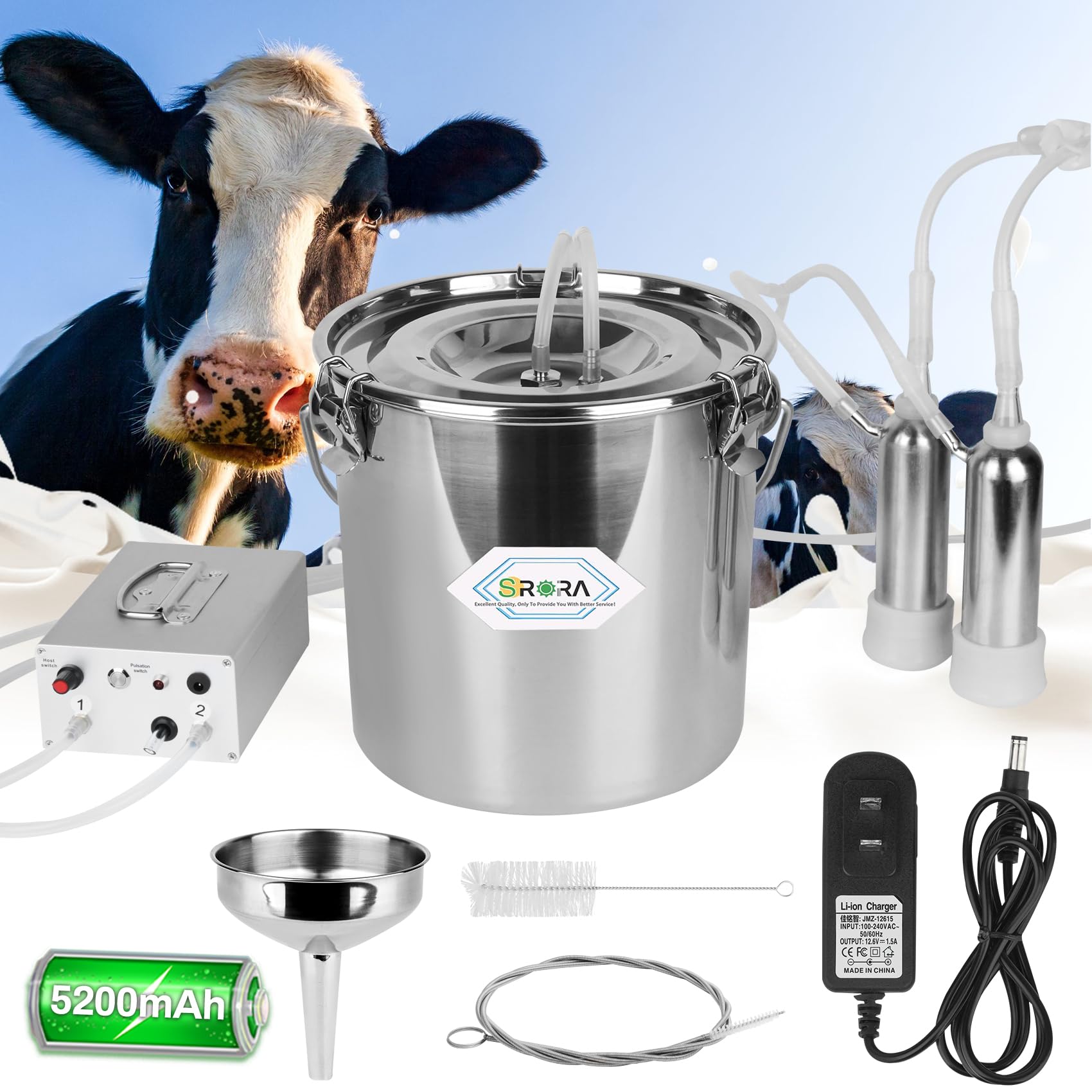 9L Electric Cow Milking Machine with Rechargeable Battery - Adjustable Pulse Vacuum & Individual Pulsation for Udder Protection - Portable Dairy Milking Equipment for Small Farms & Homesteads - Perfect for Daily Milking, Cattle Shows & Emergency Use