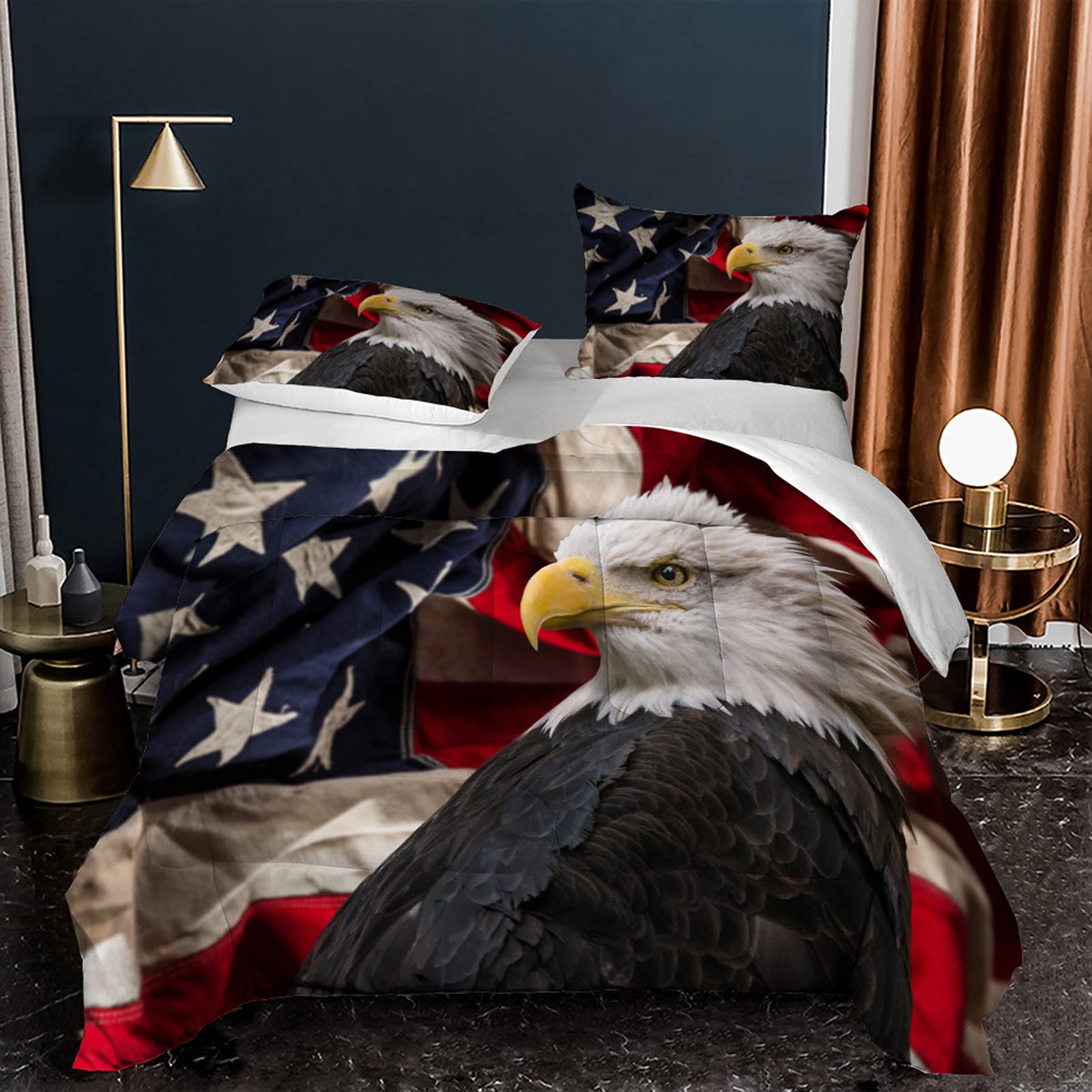 Eagle Comforter Set Queen Size 3 Piece - Patriotic American Flag Lightweight Bedding Set with 1 Comforter & 2 Pillow Shams - Perfect for 4th of July, Memorial Day & Home Decor