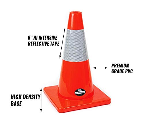 18 Inch PVC Traffic Safety Cones with 6 Inch Reflective Strips - Bright Orange with Orange Base - Set of 36 Cones for Road Construction, Parking Control & Event Safety