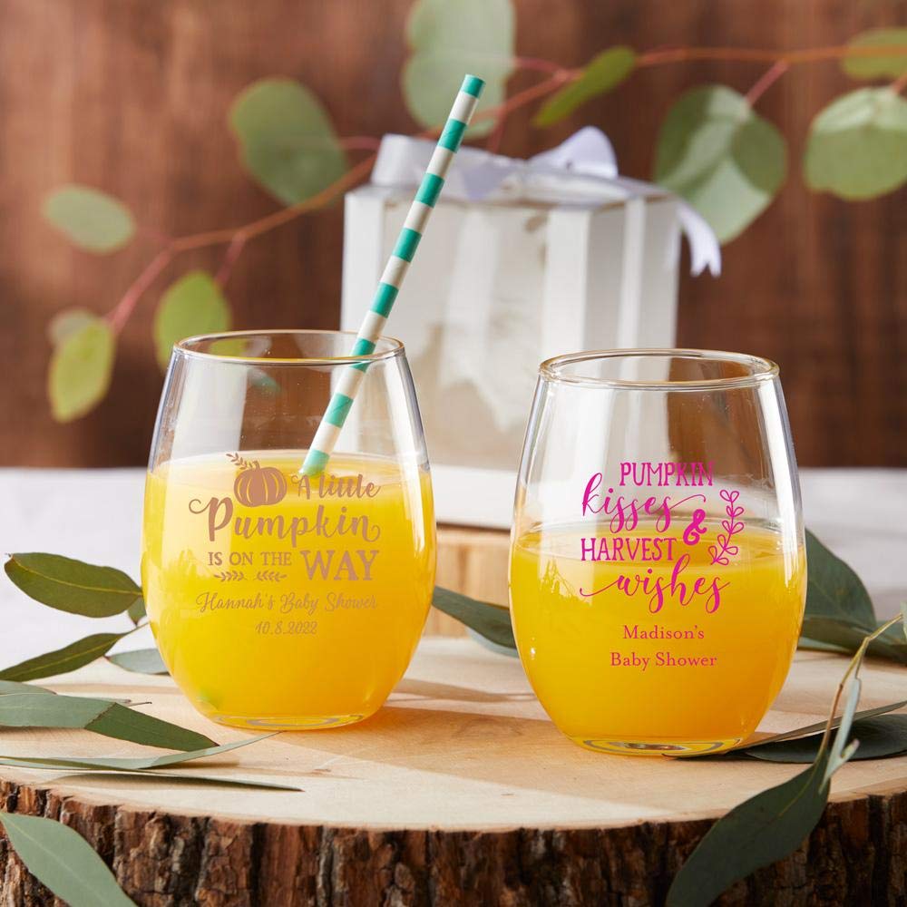 Kate Aspen Personalized 9 oz. Stemless Wine Glass Set of 48 - Light Blue Custom Text Drinking Glasses for Baby Shower Party Favors, Wedding Decor & DIY Crafts - Perfect for Celebrations, Gifts & Home Entertaining