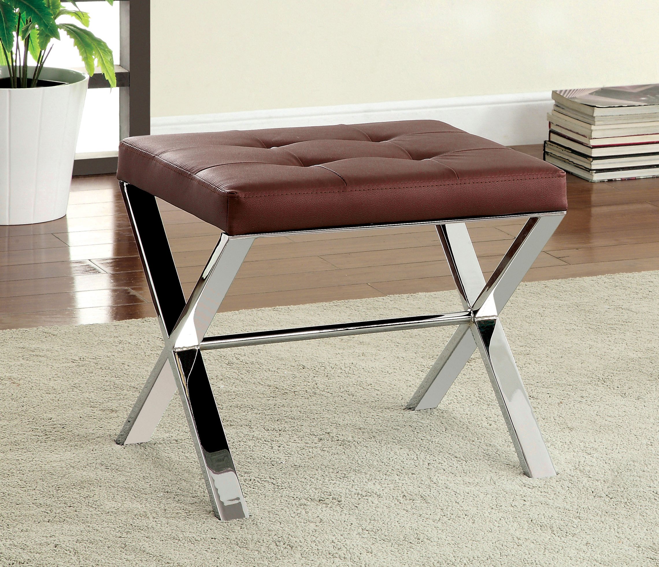 Furniture of America Vendera Leatherette and Chrome Accent Ottoman - Red Faux Leather Footstool with Chrome Base - Perfect for Living Room, Bedroom, or Office Decor