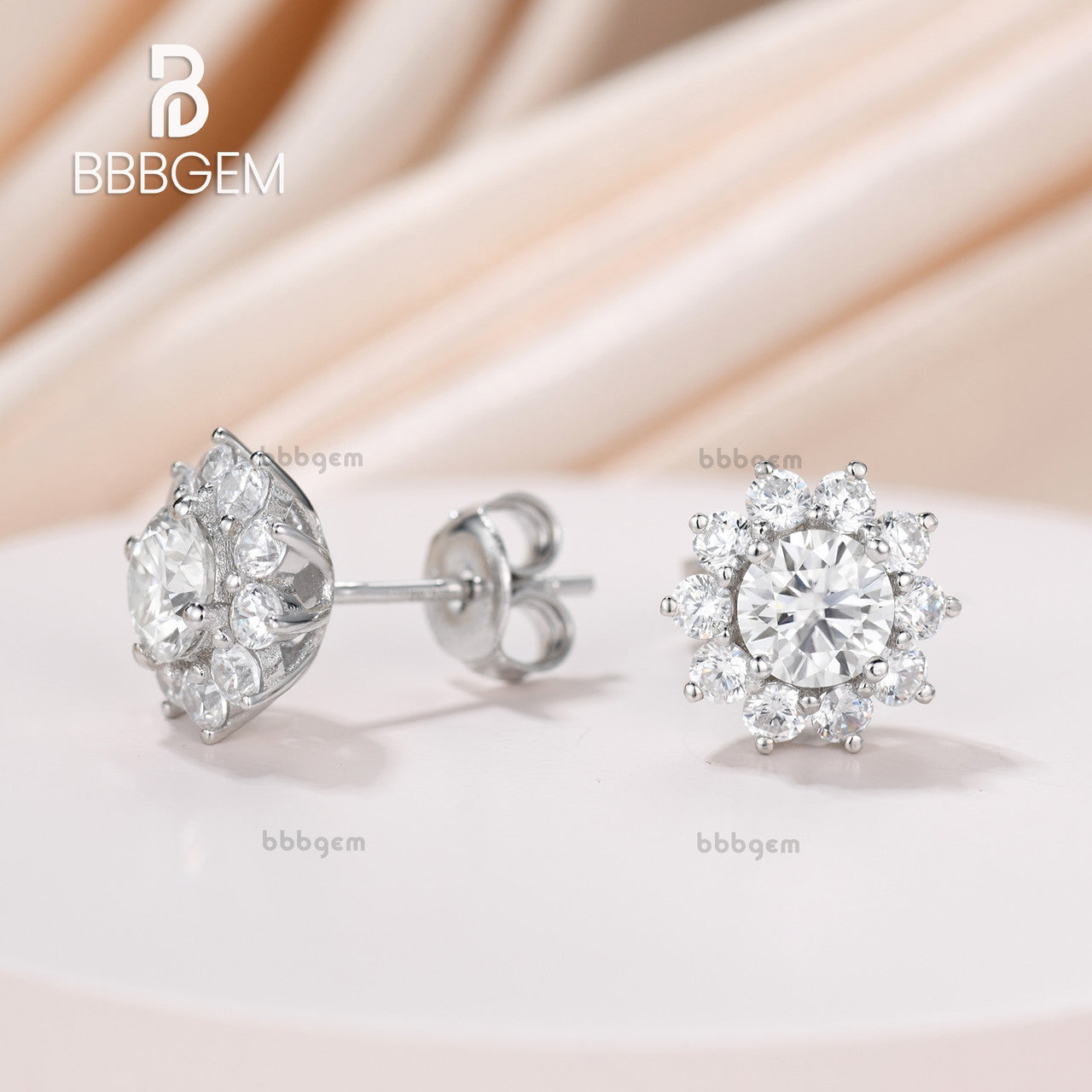 White Gold Floral Halo Stud Earrings for Women - Round Moissanite Cluster Sunflower Design in Sterling Silver | Perfect for Weddings, Anniversaries & Special Occasions