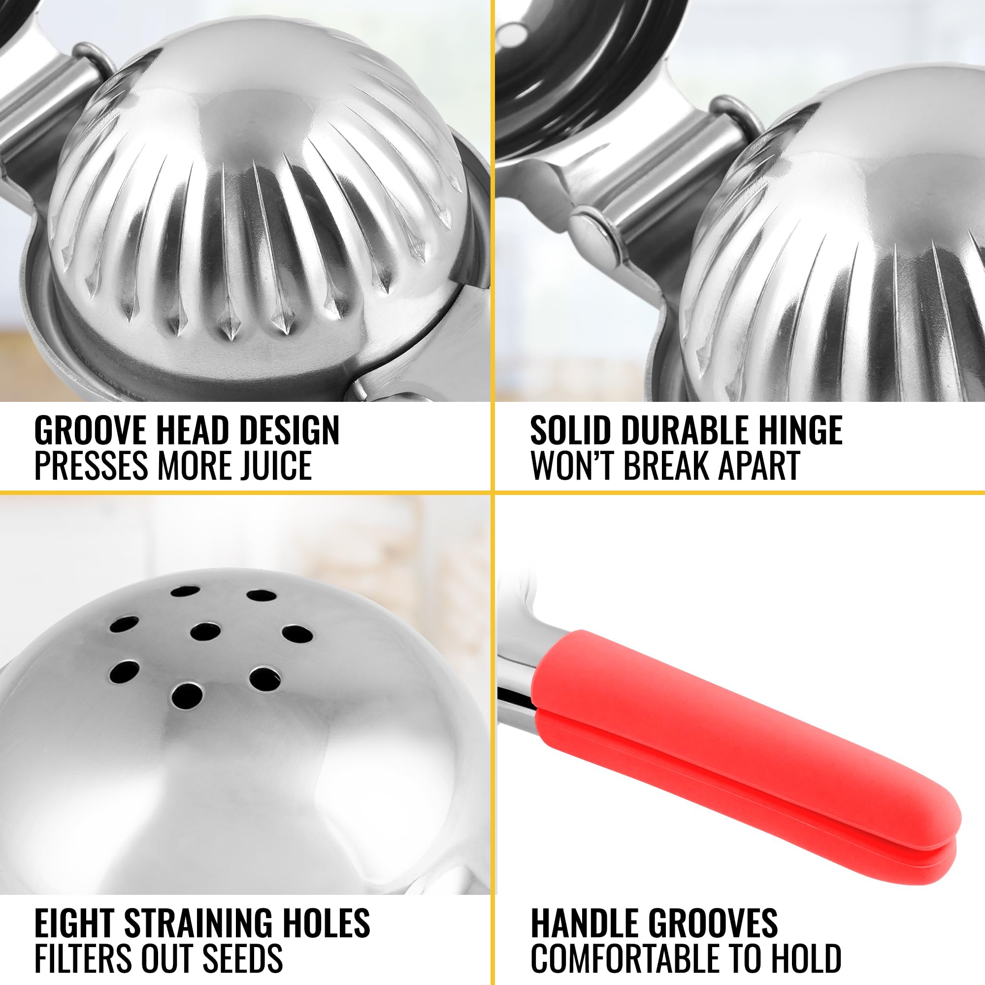 Premium Stainless Steel Lemon Squeezer with Heavy Duty Metal Bowl & Food Grade Silicone Handles - Large Manual Citrus Juicer for Lime, Orange & Lemon - Perfect for Cocktails, Baking & Healthy Juicing (Red)