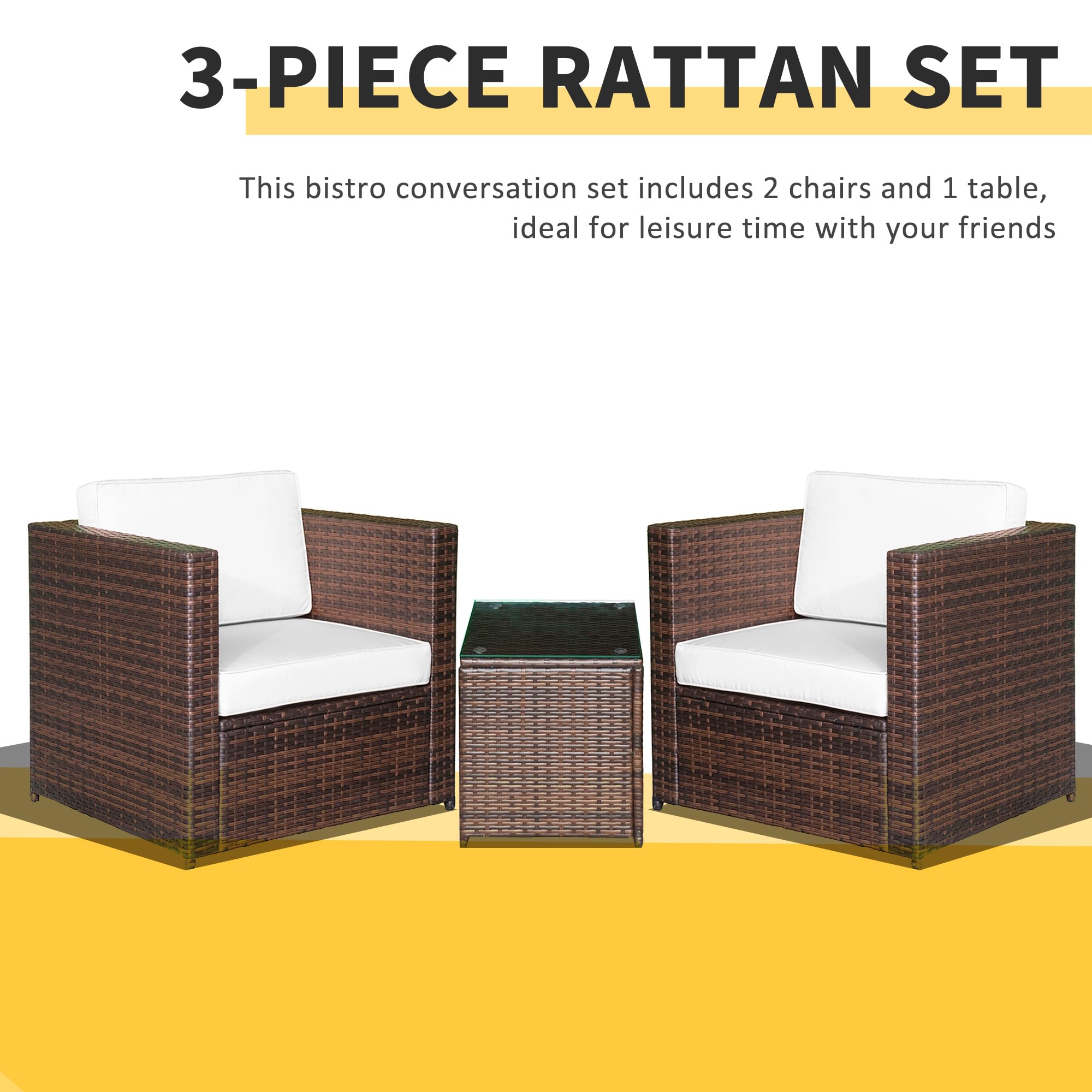 Outsunny 3-Piece White Wicker Outdoor Bistro Set with Glass Coffee Table & Thickened Cushions - Rattan Patio Furniture for Backyard, Balcony, Garden - Perfect for Relaxing, Entertaining & Outdoor Dining