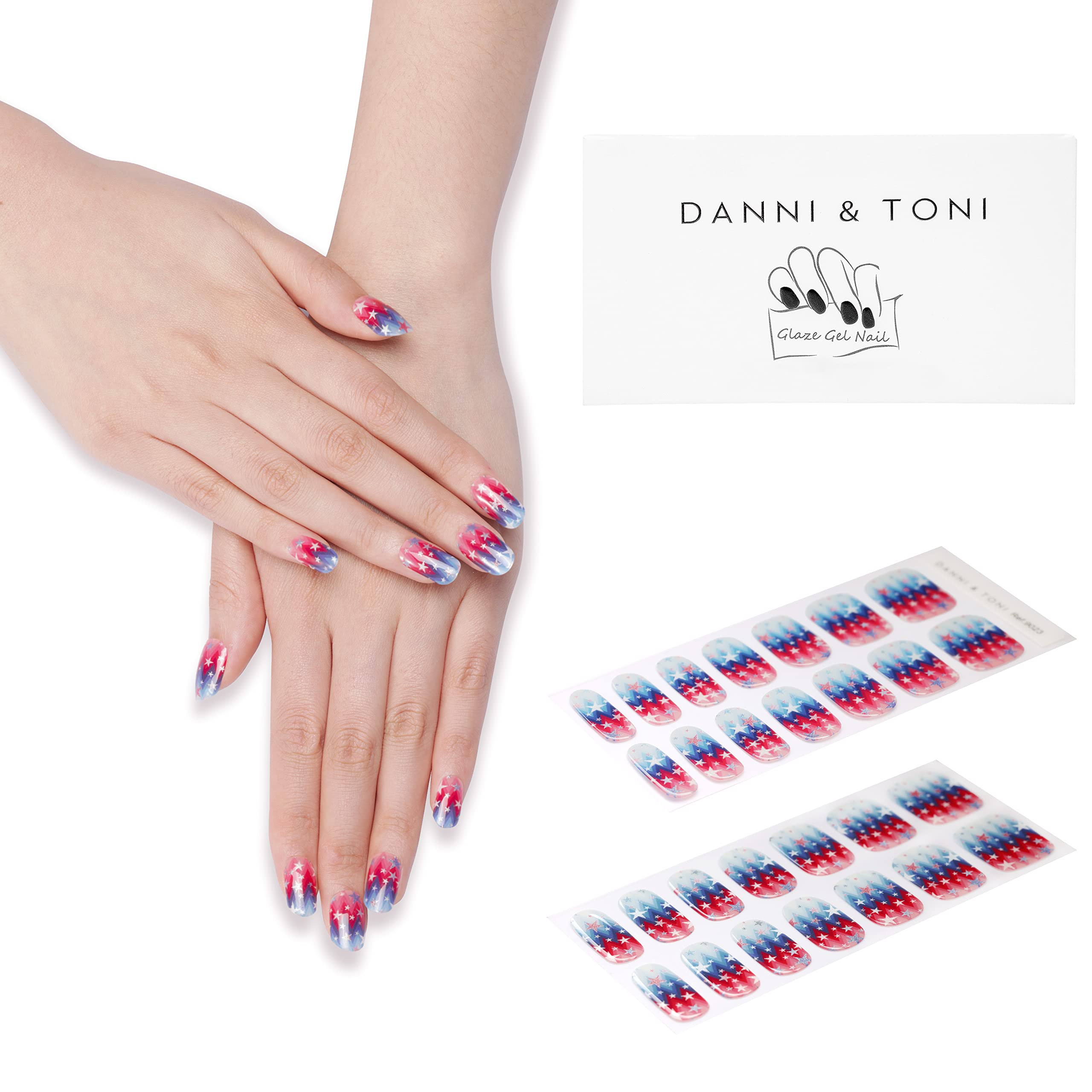 DANNI & TONI Semi Cured Gel Nail Strips - Stars and Stripes Patriotic Design, 28 Count | Long-Lasting DIY Manicure for Holidays, Parties & Special Occasions
