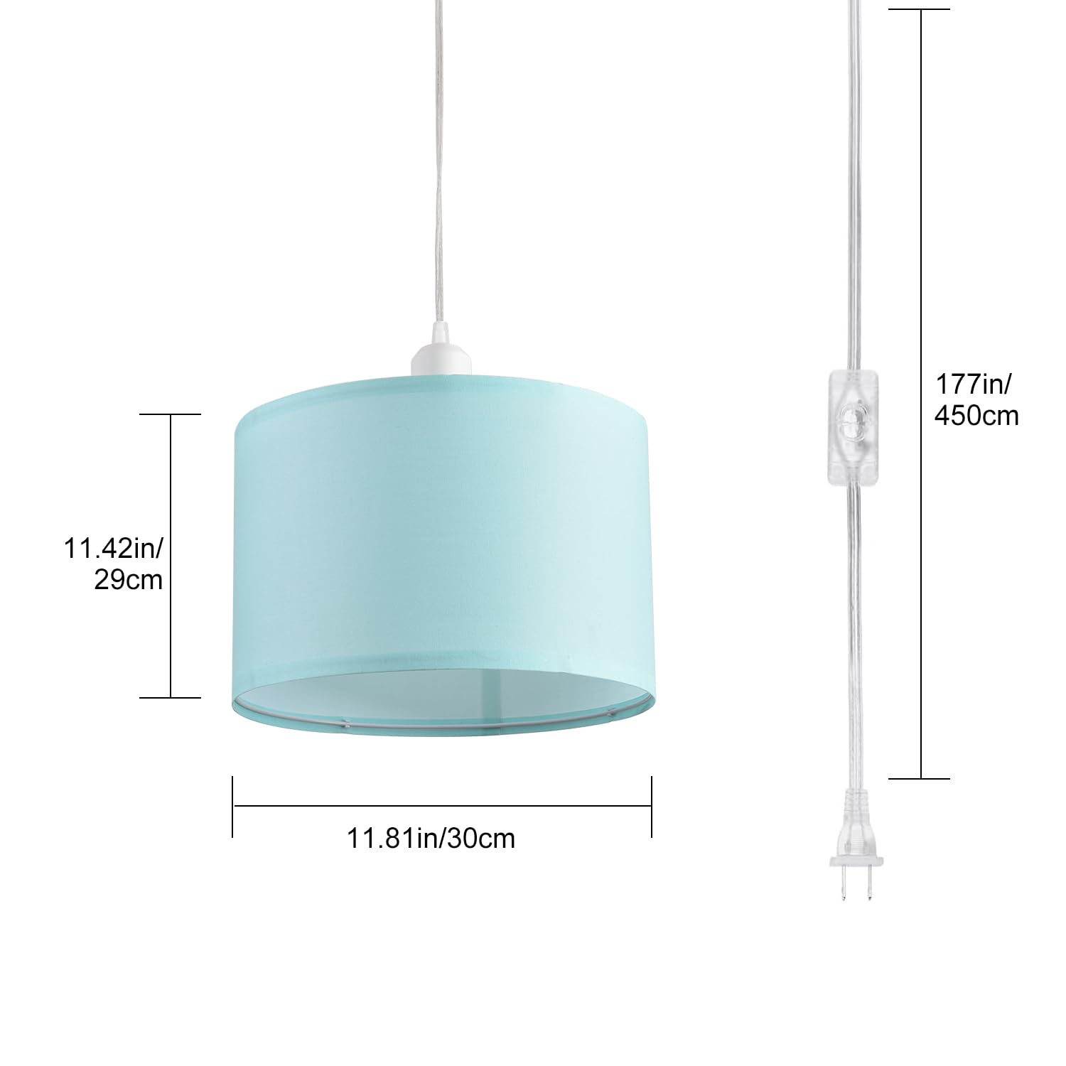 2 Pack Plug in Pendant Light with 15Ft Clear Cord & On/Off Switch - Blue Fabric Lamp Shade Hanging Light Fixture for Bedroom, Kitchen, Dining Room & Living Room - Perfect for Farmhouse Decor, Coffee Bars & Breakfast Nooks