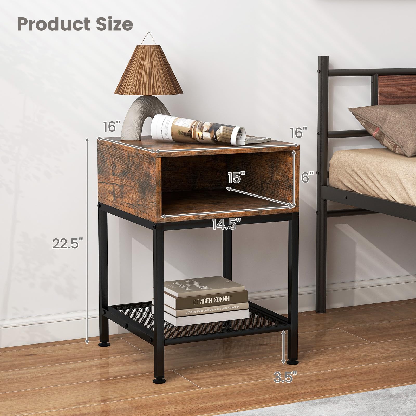 Giantex 2-Tier Industrial End Table Set of 2 with Open & Mesh Storage Shelves - Sturdy Metal Frame Telephone Table for Small Spaces - Rustic Brown Bedside Nightstand for Living Room & Bedroom - Perfect for Compact Apartments, Dorms and Office Spaces