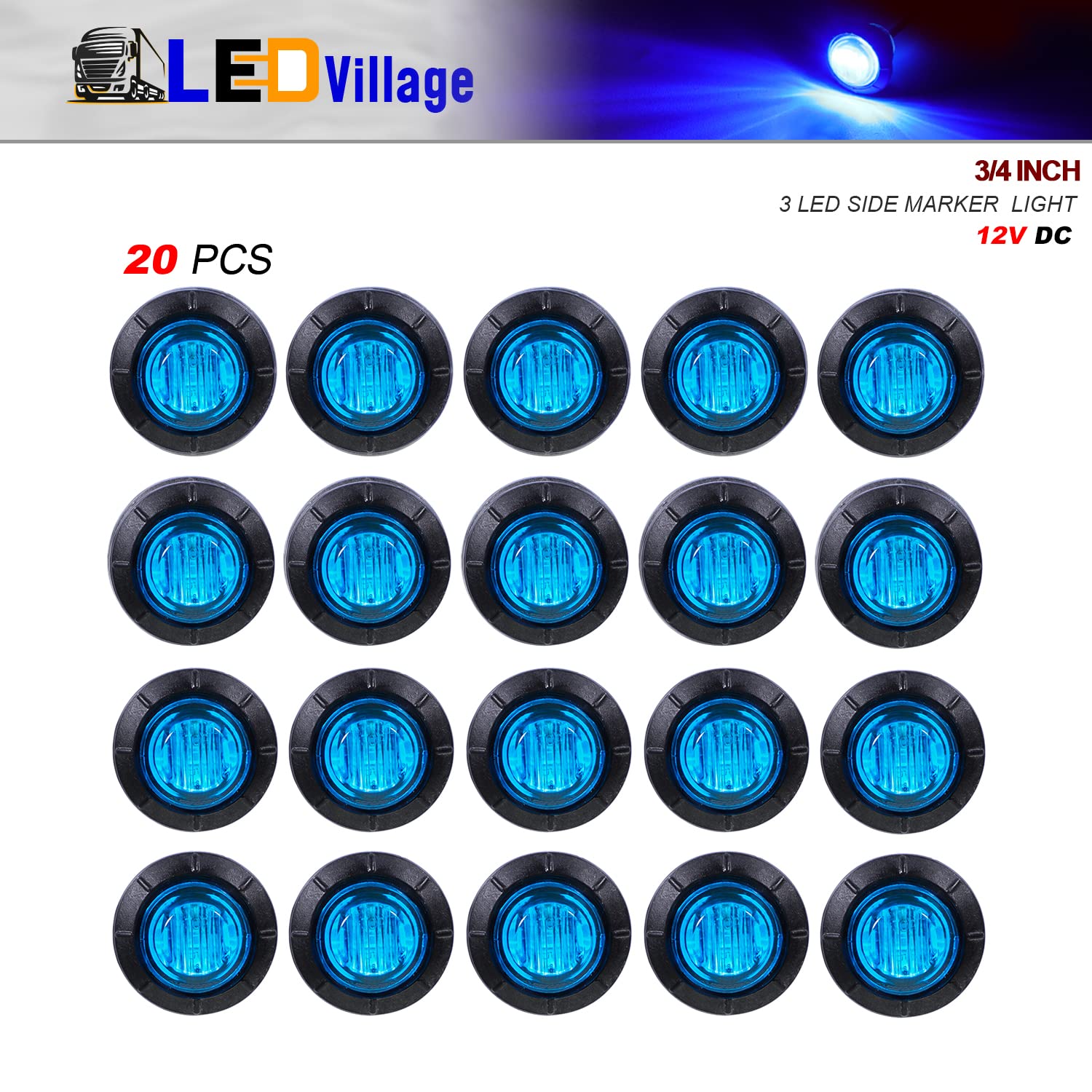 20 Pcs 3/4 Inch Small Round Blue LED Side Marker Lights - Universal Fit for Trailer, Truck, RV, Tow Pickup - 12V DC, 3 LEDs per Light - Waterproof Clearance Lights with Grommets - Perfect for Night Driving, Vehicle Safety & Road Visibility