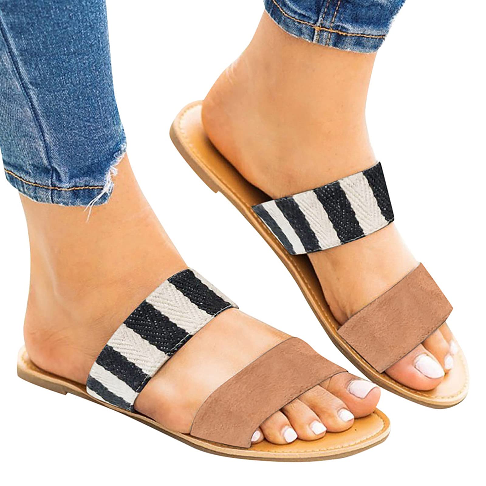 Women's Casual Striped Flat Sandals - Retro Roman Gladiator Style, Plus Size Comfortable Slippers with Leopard Print | Perfect for Home, Beach, and Summer Outfits