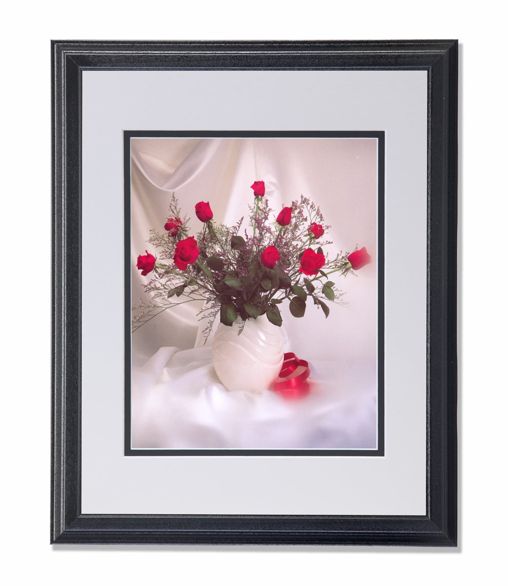 Red Stem Rose Bouquet in White Vase - Framed Wall Art Print with Beveled Mat - Elegant Home Decor for Living Room, Bedroom & Office