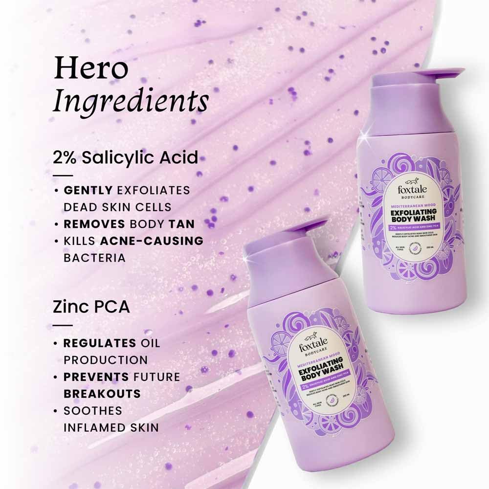 Foxtale 2% Salicylic Acid Body Wash for Acne & Ingrown Hair - Exfoliating Shower Gel with Zinc PCA for Smooth Skin - Reduces Strawberry Skin & Uneven Texture in 28 Days - 250ml Body Wash for Men & Women - Perfect for Daily Shower & Post-Workout Skincare Routine