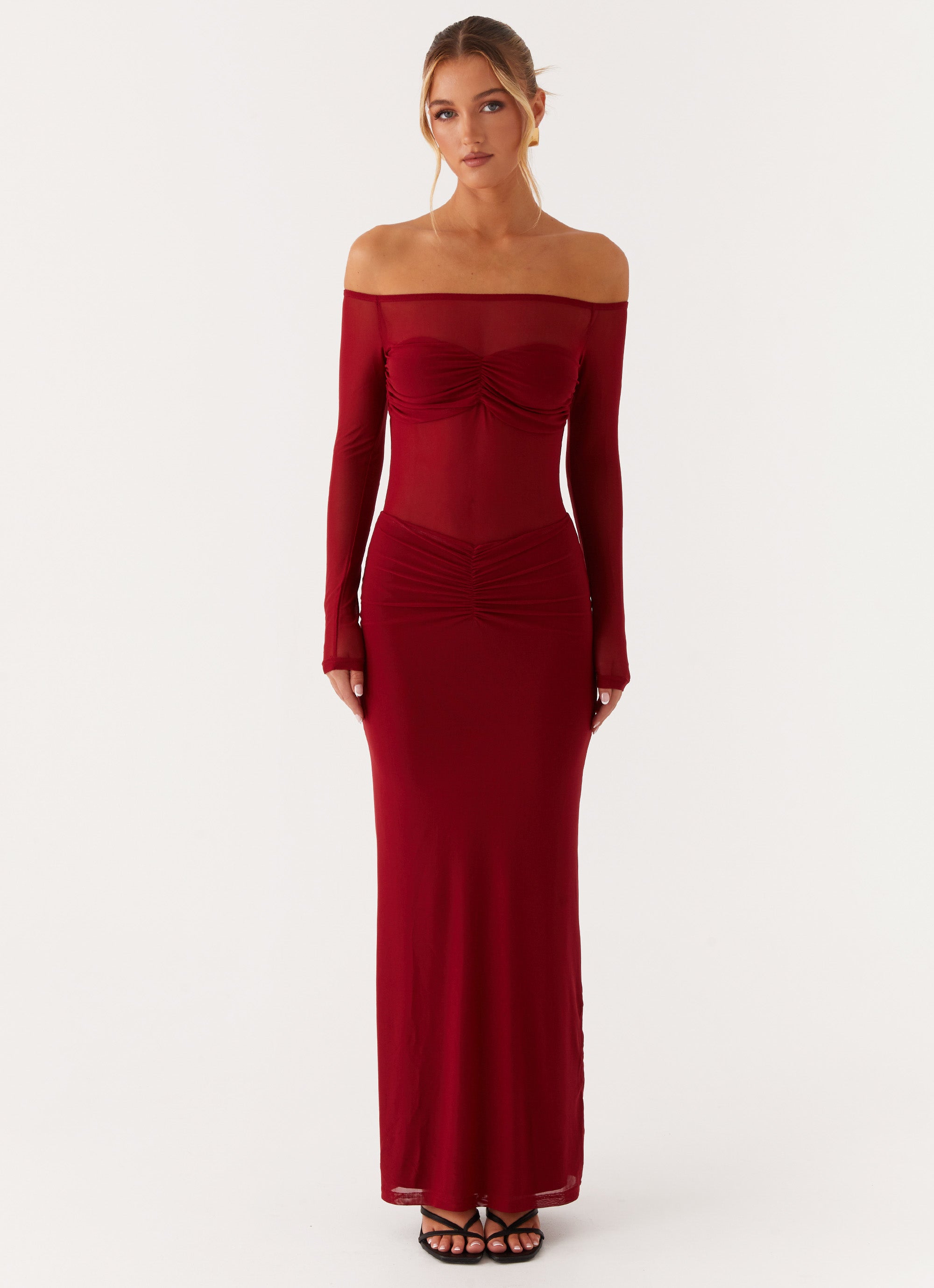 Divine Beauty Women's Mesh Maxi Dress - Elegant Long Sleeve Flowy Boho Dress in Maroon for Wedding, Party & Special Occasions