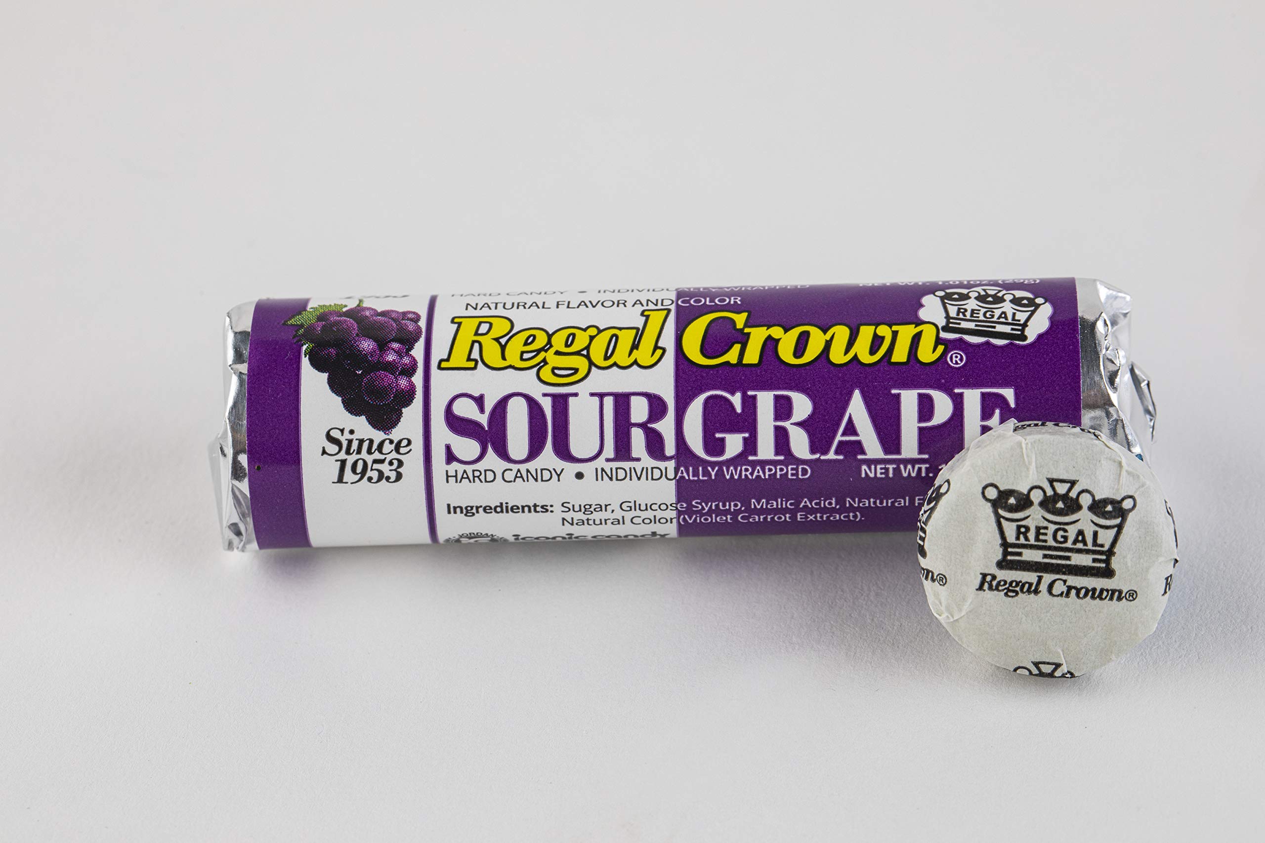 Regal Crown Sour Grape Candy Rolls 24 Count - Tart & Tangy Hard Candy for Parties, Halloween Treats & Office Snacks - Classic Old Fashioned Sour Grape Flavor by Iconic Candy Brand