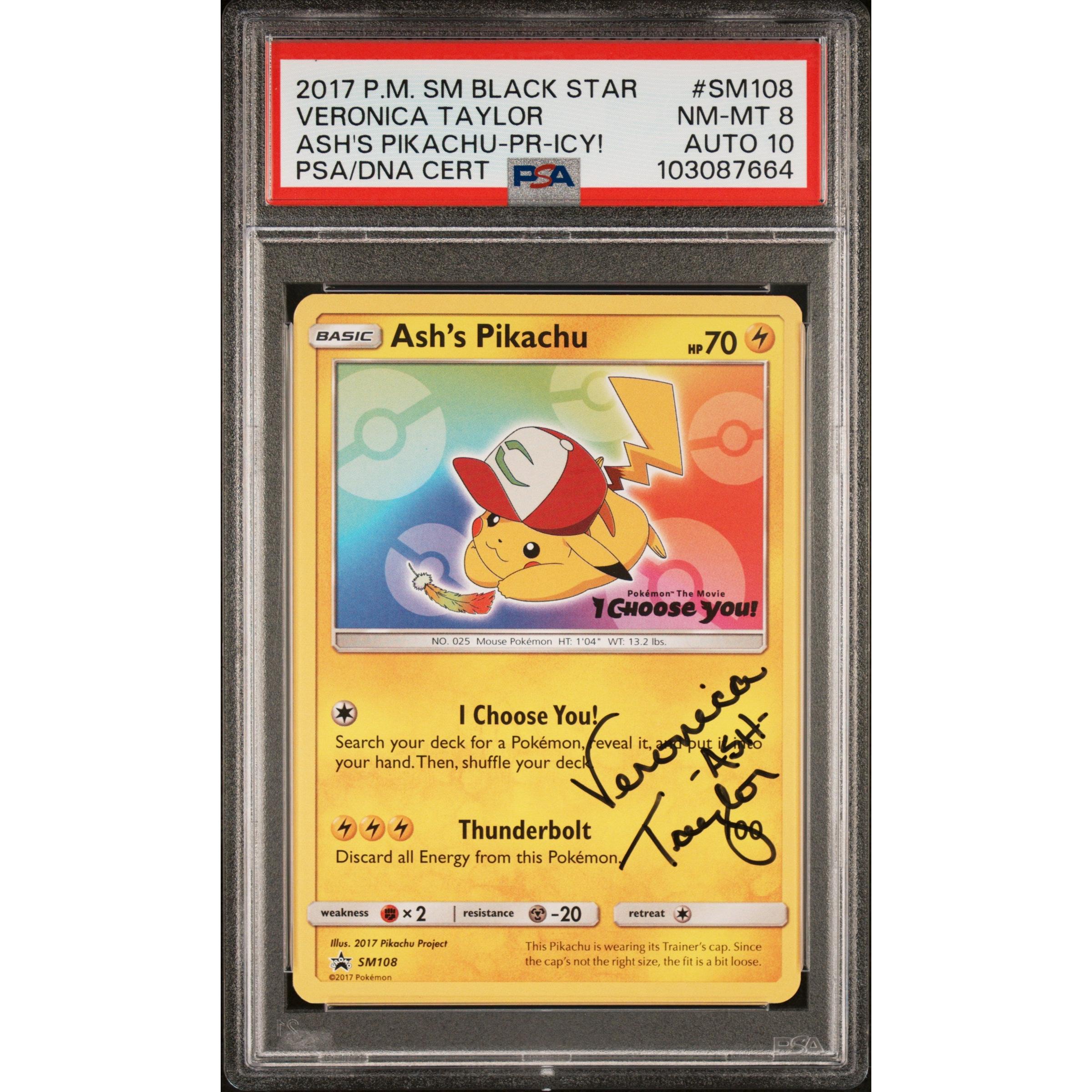 2024 Pokemon Pikachu Promo SM108 Signed by Veronica Taylor PSA 8 Auto 10 - Rare Collectible Trading Card for Fans & Investors | Perfect for Display, Gifts, and Pokemon Memorabilia Collections