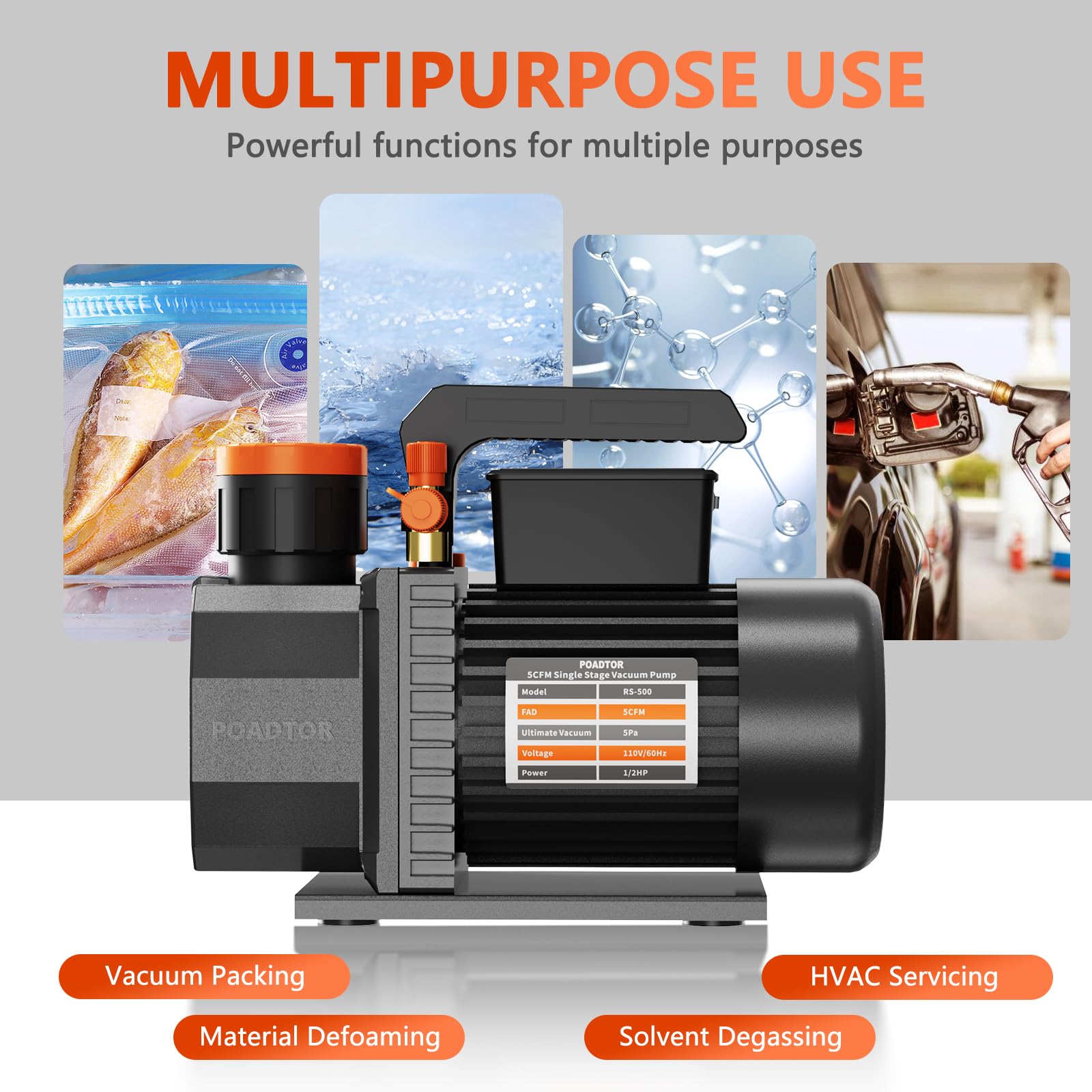 5CFM 1-Stage HVAC Vacuum Pump - 1/2HP 38 Micron 110V AC Vacuum Pump Kit for R12 R22 R134a R410a Refrigerant - Professional HVAC & Auto AC Recharging, Cow Milking, Oil Included - Ideal for AC Repair, Refrigerant Recovery, and Dairy Farm Equipment Maintenance