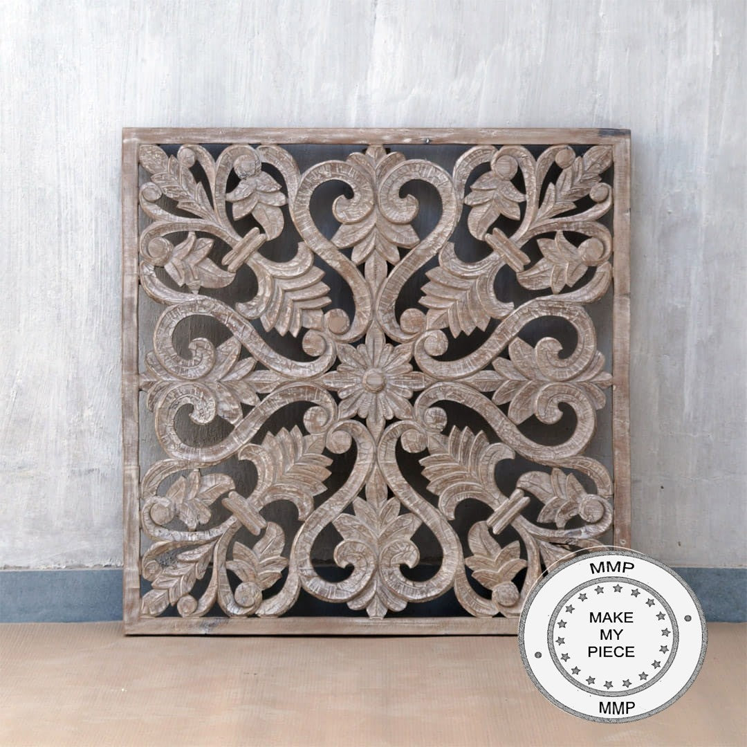 Hand Carved Indian Solid Wood Wall Decor Panel - Traditional Artwork for Home, Office & Meditation Room Decor