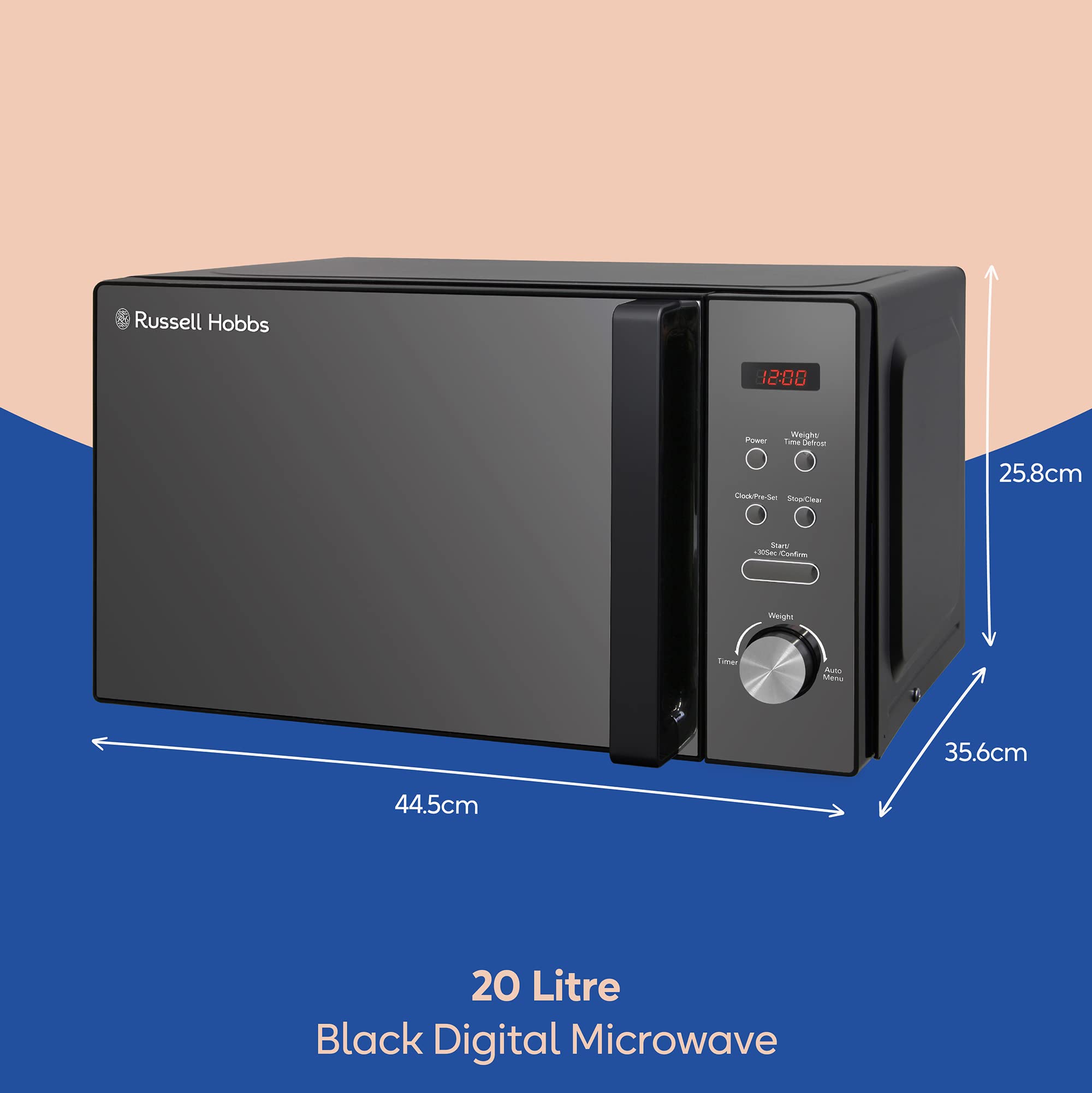 Russell Hobbs RHM2076B 20L 800W Black Digital Microwave Oven - 5 Power Levels, Auto Defrost, 8 Auto Cook Menus, Clock & Timer, Easy Clean - Perfect for Small Kitchens, Dorms & Offices