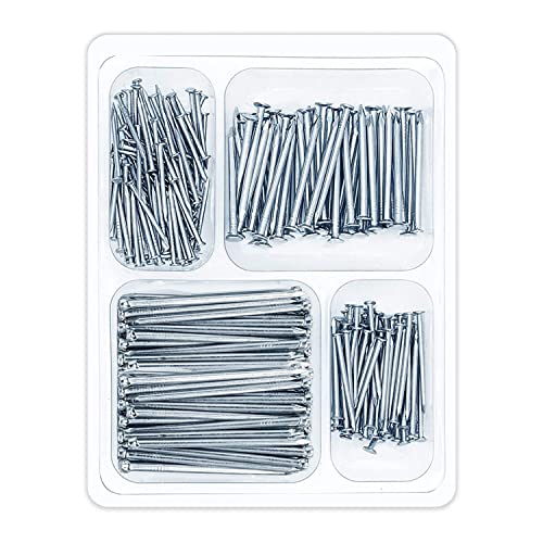 200 Pcs Silver Zinc Plated Steel Nails Assortment - 4 Sizes Wall Pins & Tacks for Hanging Picture Frames, Mirrors, Wood Crafts & DIY Home Decor Projects