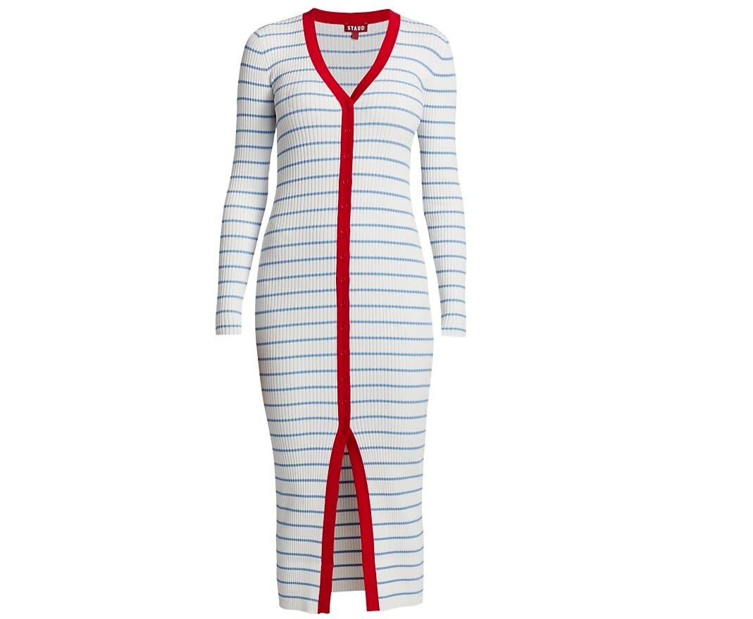 Staud Women's Shoko Striped Bodycon Ribbed Knit Midi Dress - Slim Fit Stretchy Party & Cocktail Outfit for Date Night & Special Occasions