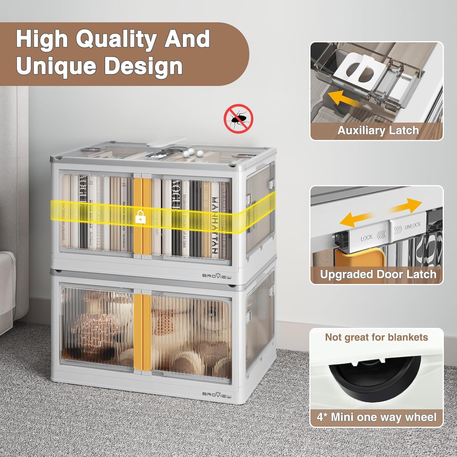 4-Pack Stackable Collapsible Storage Bins with Lids & Wheels - 100 Gallon Plastic Storage Containers with 5 Doors - Foldable Closet Organizers for Home, Garage & Office Organization - White Storage Bins for Shelving, Cabinets & Underbed Storage