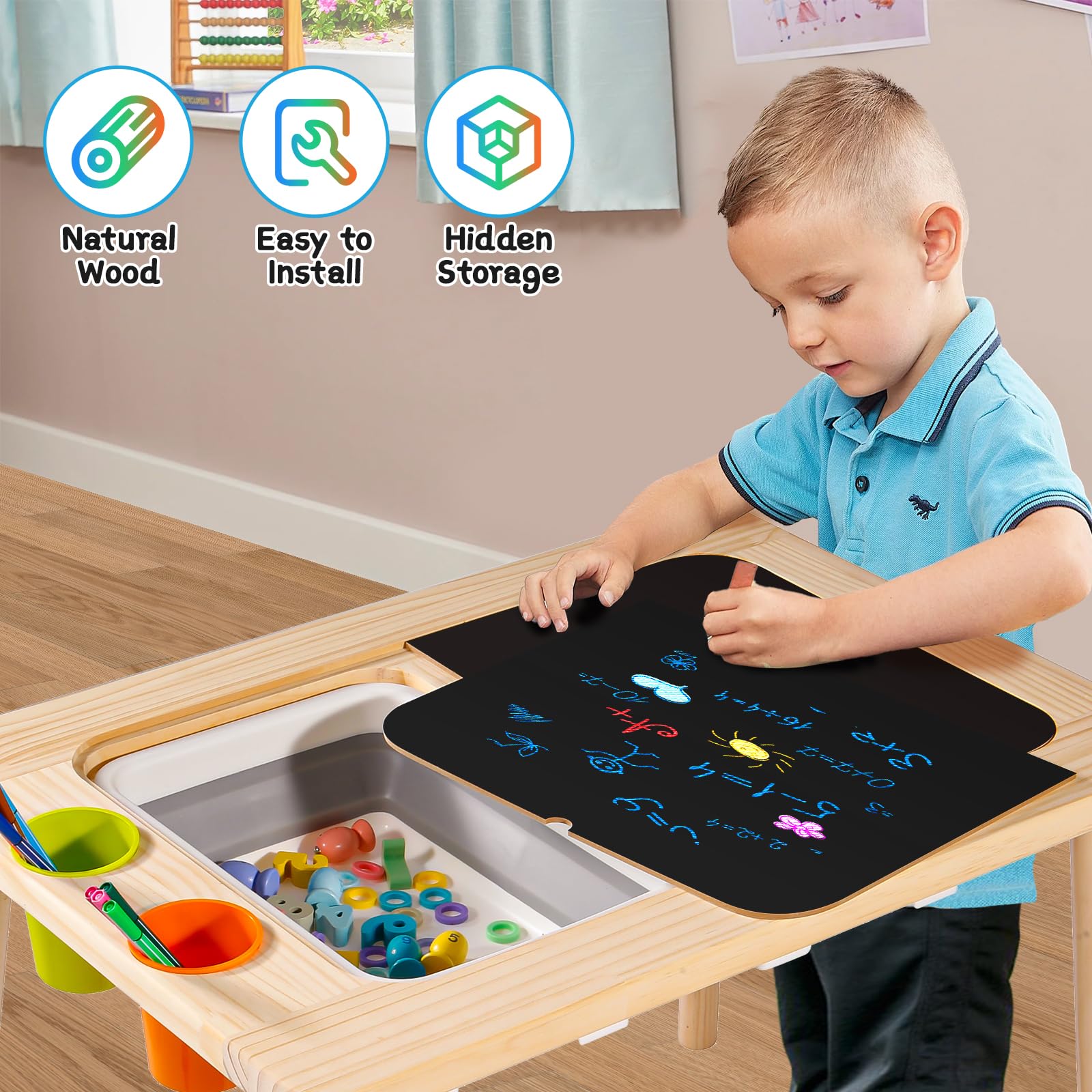 **Kids Sensory Table with 2 Stools & Storage Bins - Multifunctional Toddler Play Sand & Art Activity Table for Indoor Learning, Drawing & Creative Play - Perfect for Preschool, Daycare & Home Use**