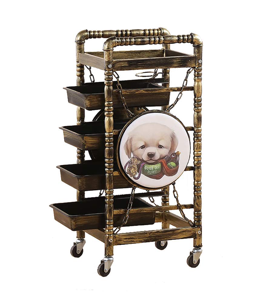 Vintage Bronze 5-Tier Barber Cart with Cute Dog Pattern - Salon & SPA Storage Organizer for Hair Tools, Beauty Supplies, Coloring Trays | Perfect for Home Barbershops & Professional Salons