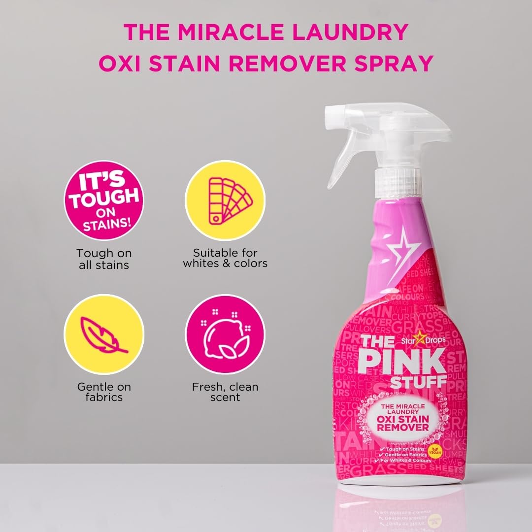 Stardrops The Pink Stuff Miracle Laundry Oxi Stain Remover Spray 500ml | Powerful Stain Removal for Clothes, Upholstery & Carpets | Ideal for Laundry, Home Cleaning & Tough Stain Treatment