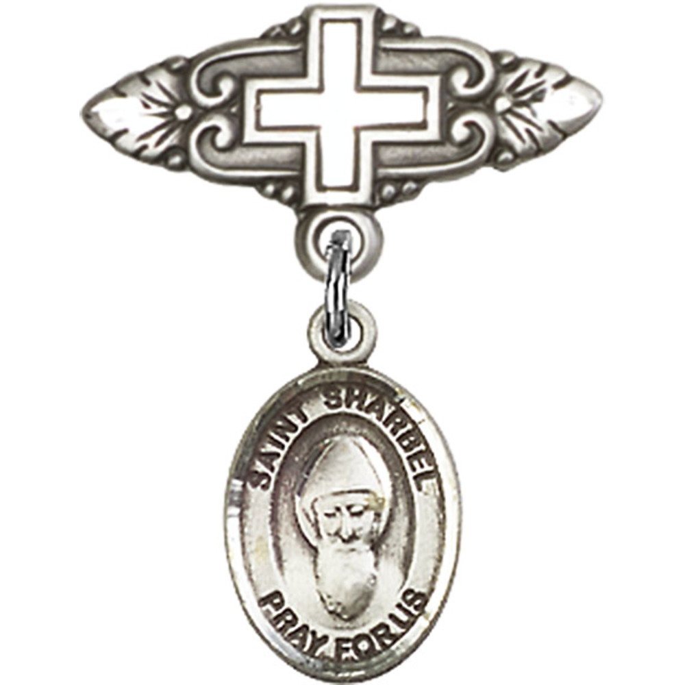 St. Sharbel Sterling Silver Baby Badge with Cross Charm & Pin - 1 X 3/4 Inches - Perfect for Christening Gifts, Baptism Keepsakes & First Communion Jewelry