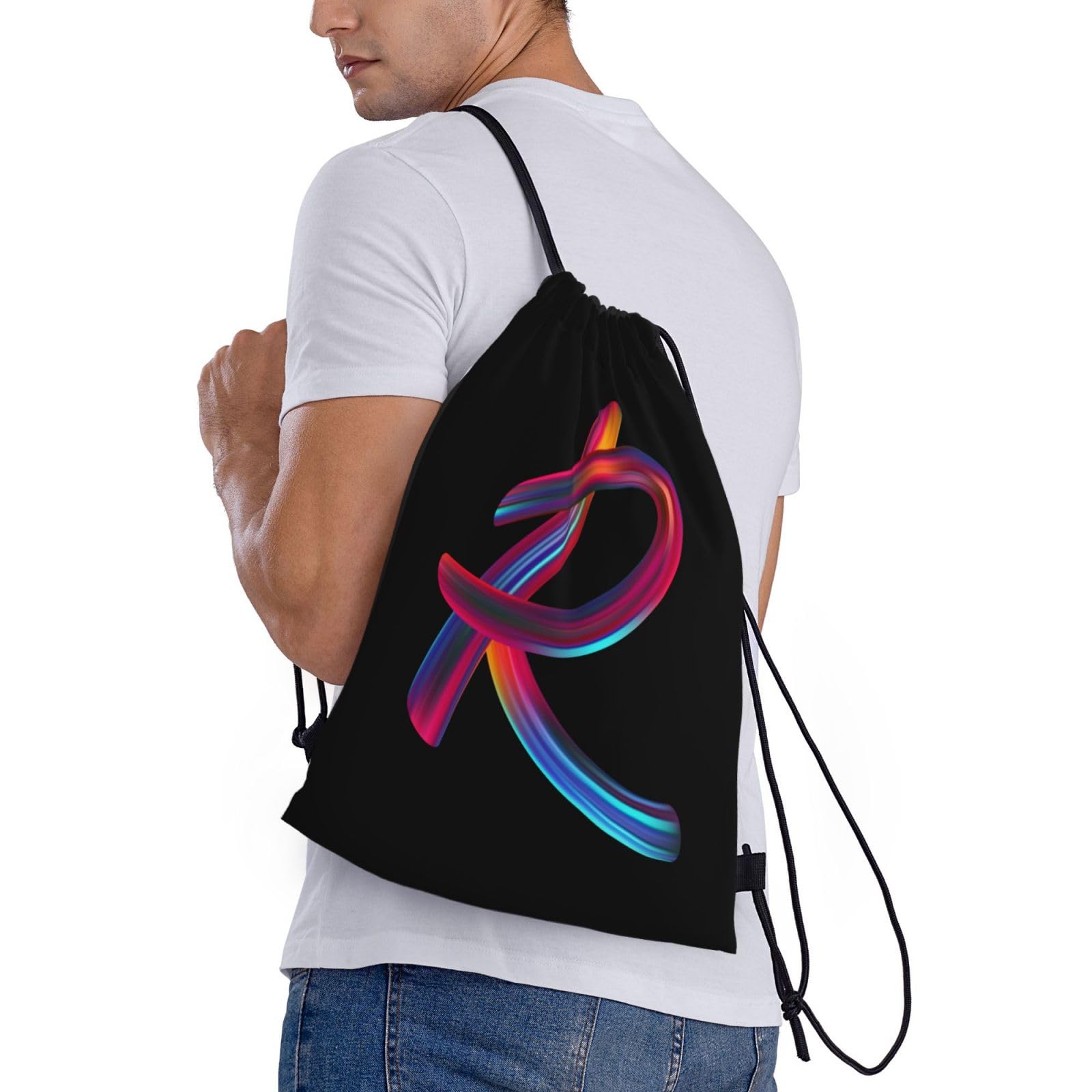 Custom Initial Drawstring Backpack - Black Cinch Sackpack for Sports, Gym, Travel, Swimming, Beach & Camping - Personalized Letter R Design - Perfect for Workouts, Vacations & Outdoor Adventures